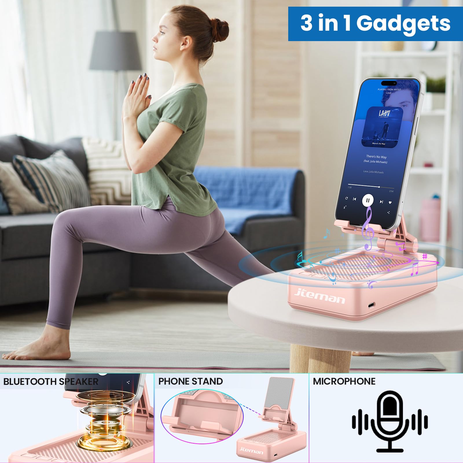 JTEMAN Cell Phone Stand with Bluetooth Speaker, HD Stereo Sound & Anti-Slip Base, Foldable Adjustable Desktop Phone Holder for Home Office, Cool Tech Gadgets Birthday Gifts for Men Women (Black)