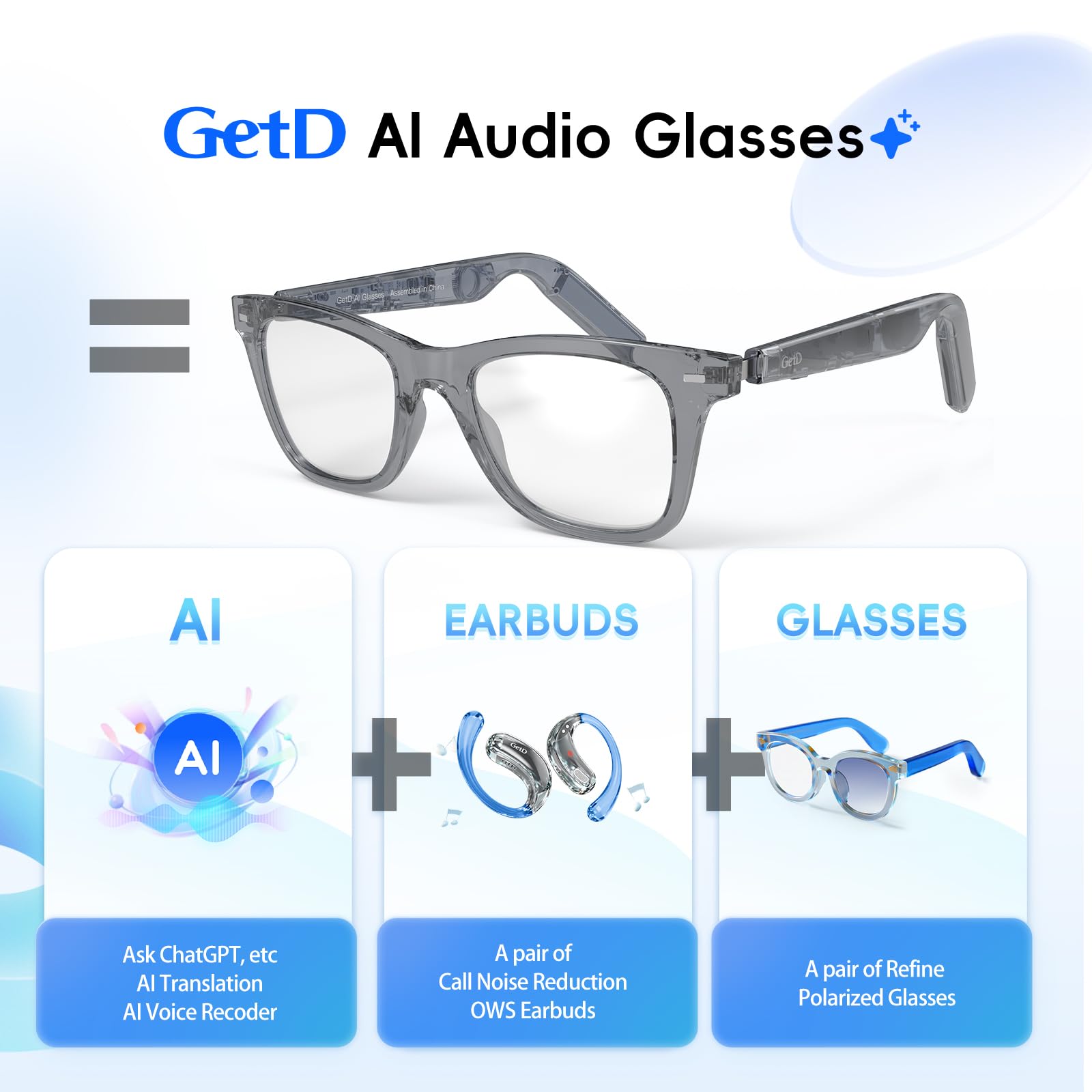 AI Glasses for Men & Women, Smart Glasses Powered by ChatGPT, AI Real-time Translation with 107 languages, 11H Music Play, Bluetooth Sunglasses with Polarized Lens, UV Protection for Daily Use, Travel
