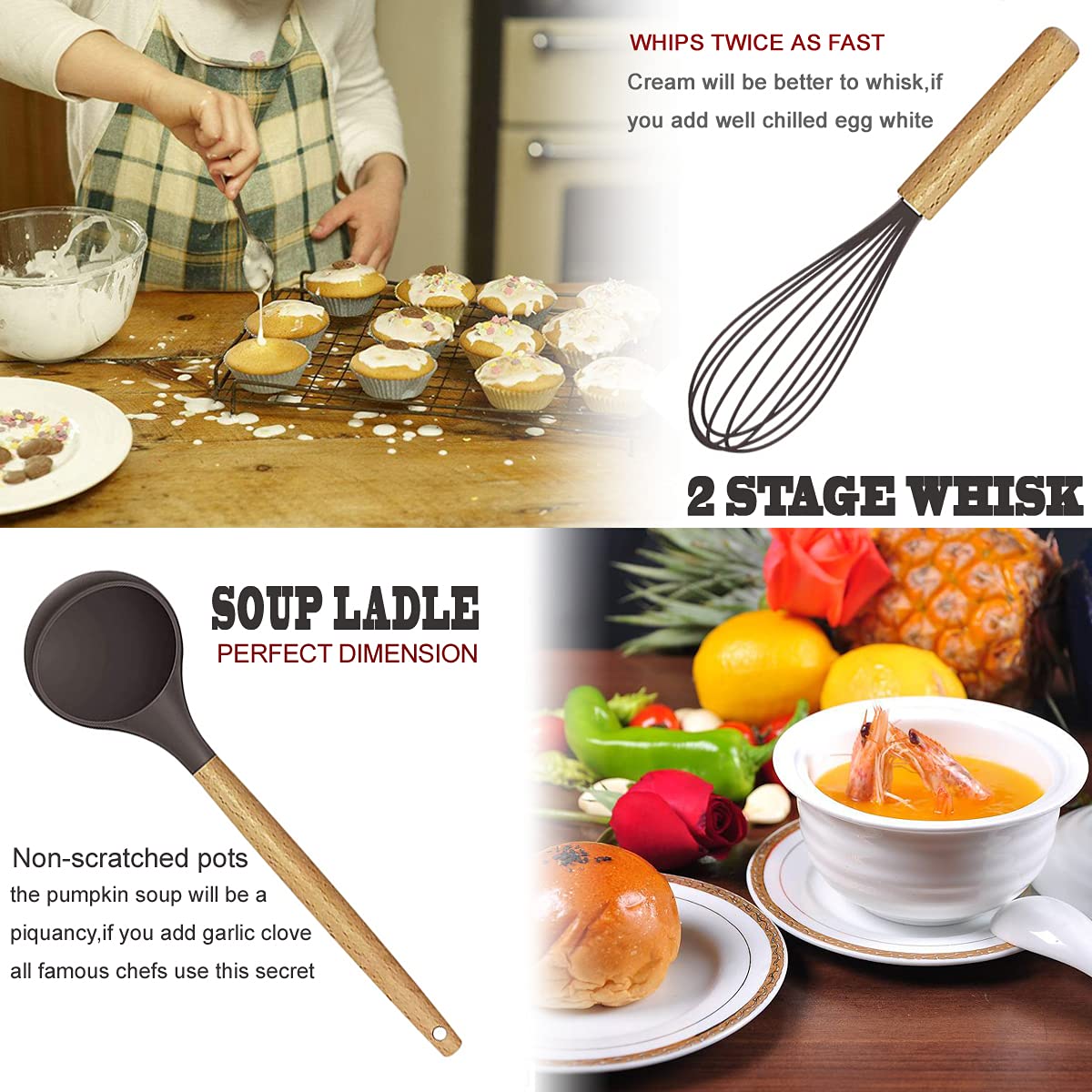 Kitchen Utensils Set- 35 PCs Cooking Utensils with Grater,Tongs, Spoon Spatula &Turner Made of Heat Resistant Food Grade Silicone and Wooden Handles Kitchen Gadgets Tools Set for Nonstick Cookware