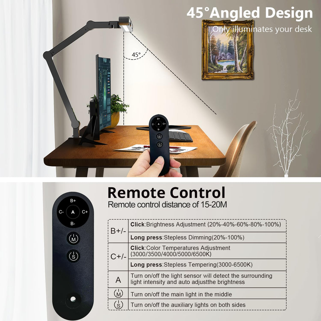 Micomlan Led Desk Lamp with Clamp, Architect Desk Lamp for Home Office with Atmosphere Lighting, 24W Ultra Bright Auto Dimming Computer Light Stepless Dimming and Tempering LED Table Light