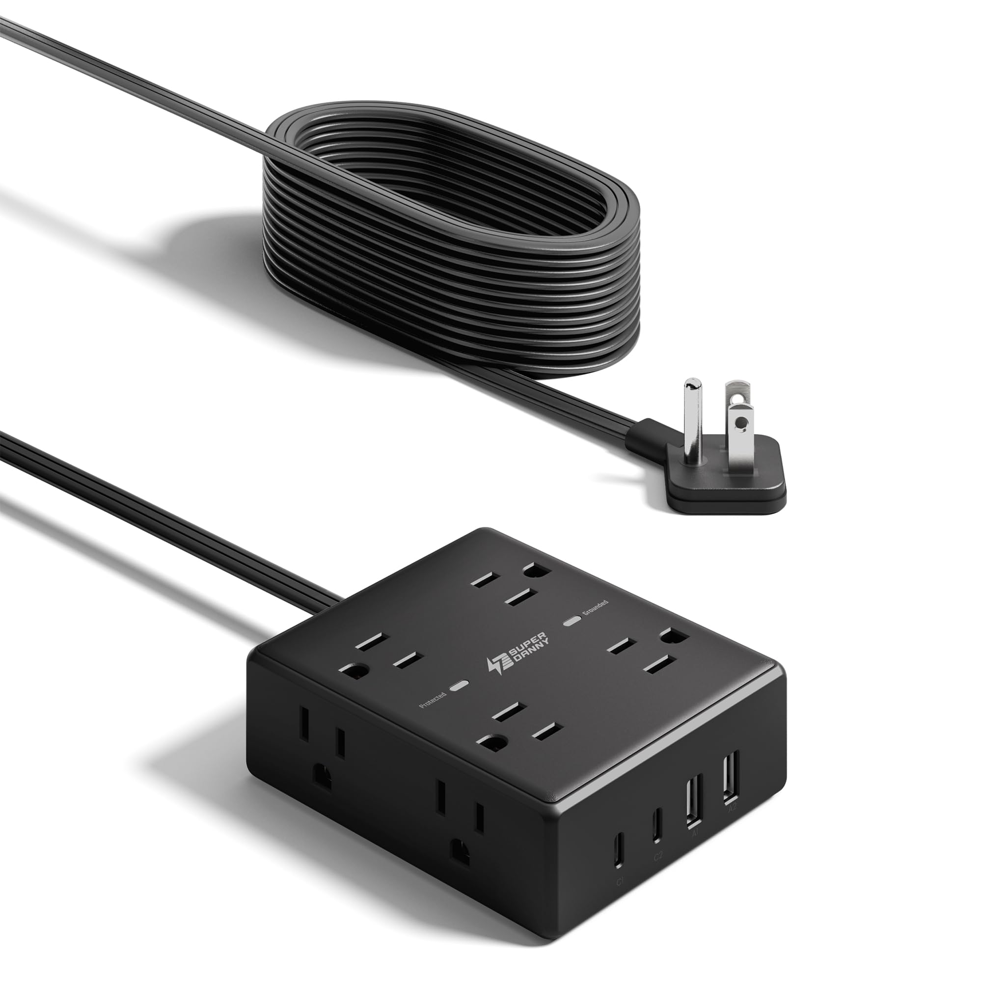 10Ft Extension Cord with Multiple Outlets, Flat Plug Surge Protector Power Strip 10 Ft Long Cord, 8 Outlets & 4 USB Ports (2 USB C), Desk Charging Station for Home Office, College Dorm Room Essentials