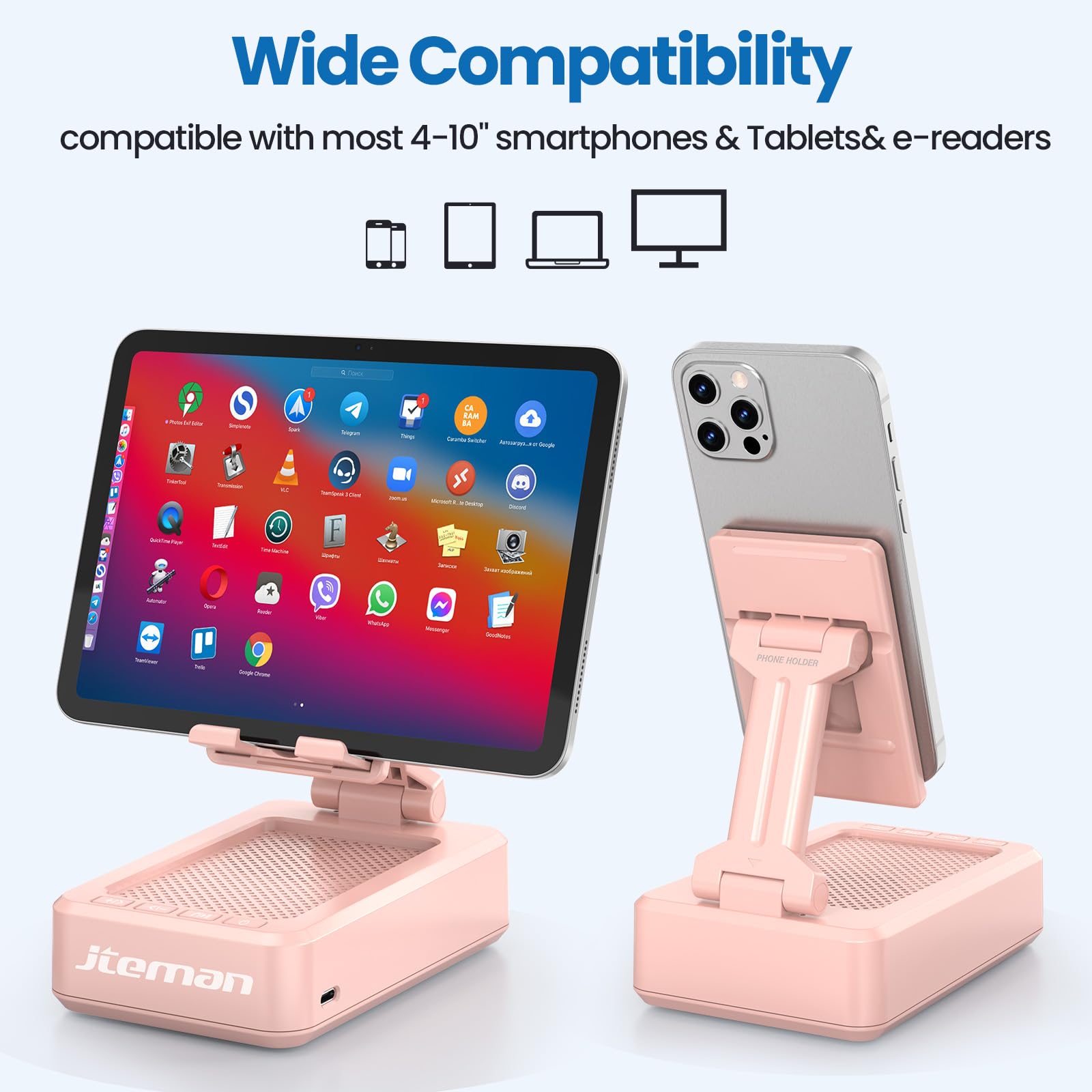 JTEMAN Cell Phone Stand with Bluetooth Speaker, HD Stereo Sound & Anti-Slip Base, Foldable Adjustable Desktop Phone Holder for Home Office, Cool Tech Gadgets Birthday Gifts for Men Women (Black)