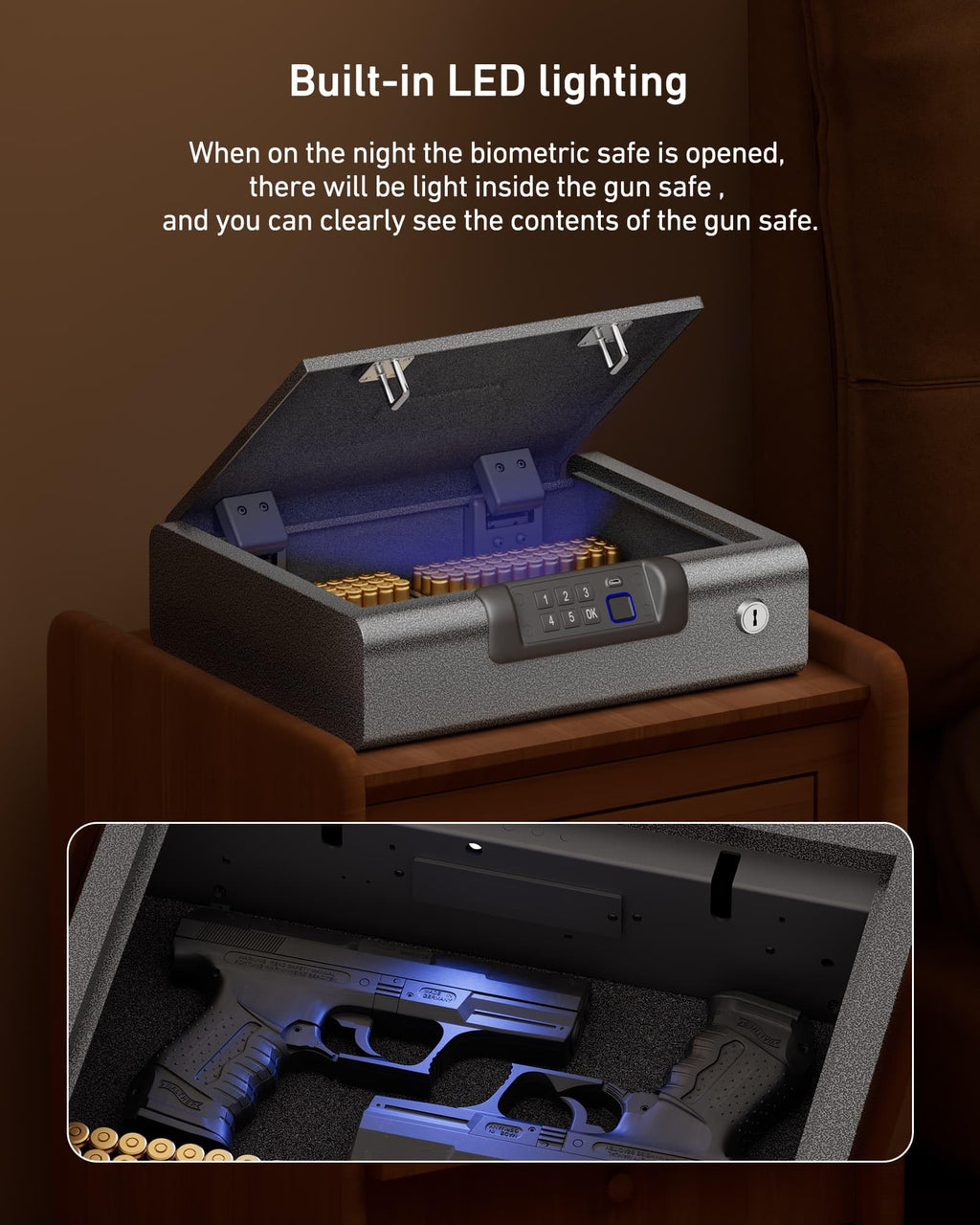 Biometric Gun Safe for Pistols 3-Ways unlock Fingerprint Digital PIN Key Unlock Handgun Safe with Sound, Lock box for Cloakroom living room Bedroom Nightstand and Car BILLCONCH