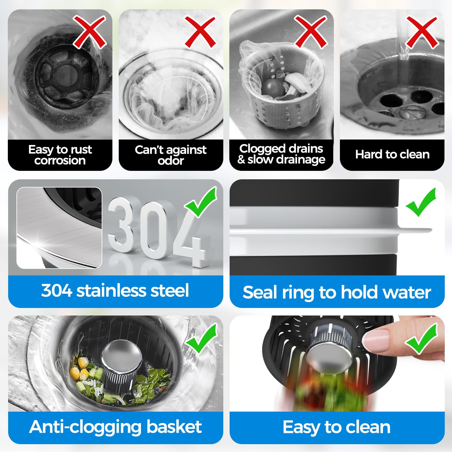 Sink Drain Strainer - Sink Stopper Kitchen Drain, 3 in 1 Kitchen Sink Drain Strainer with Anti-Clogging Basket, Kitchen Gadgets Clearance Sink Accessories, Fit US Standard 3-1/2'' Sink Hole, Silver