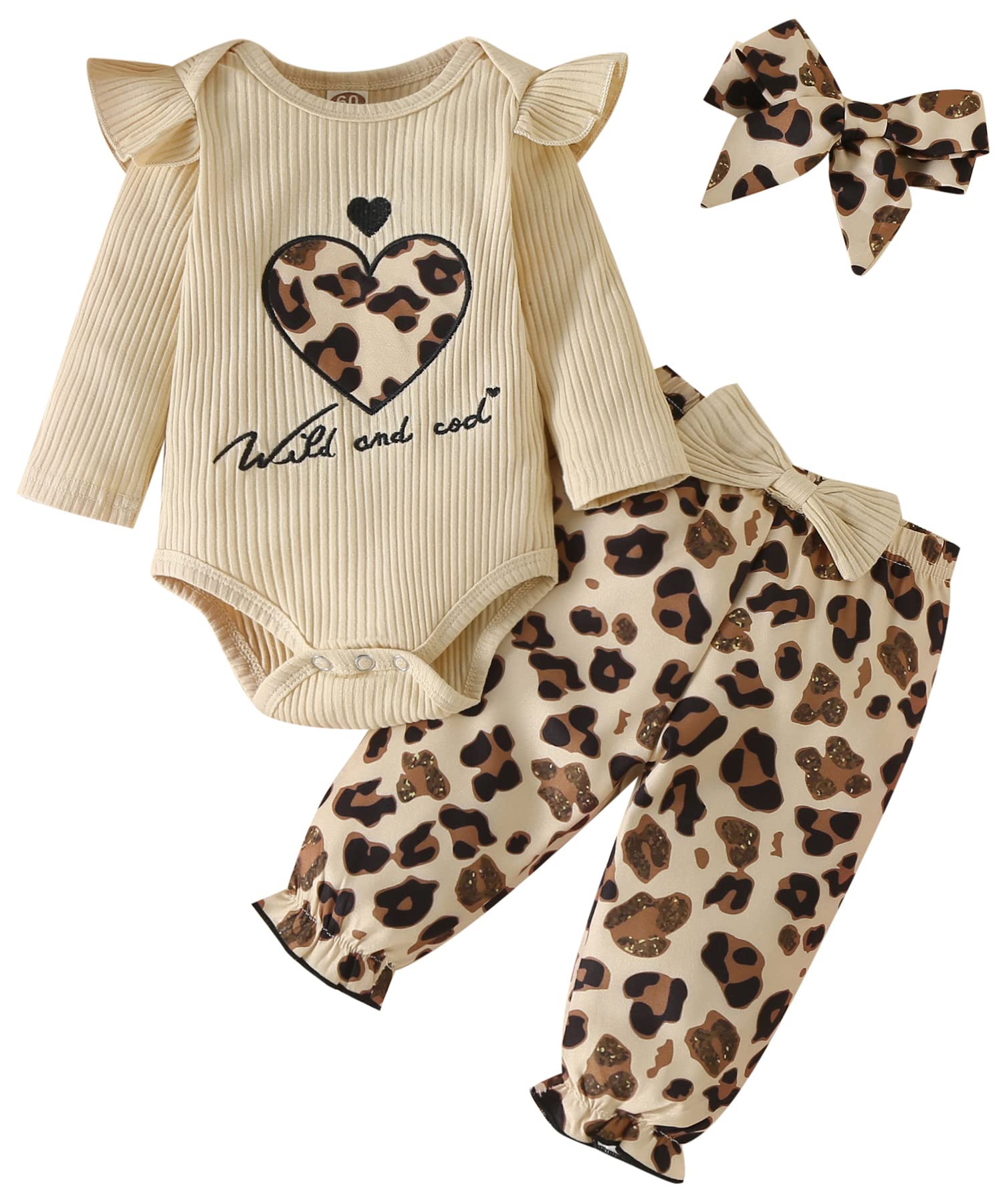 Fullfamous Baby Girl's 3pc Rib Frill Long Sleeve Romper and Pant Set
