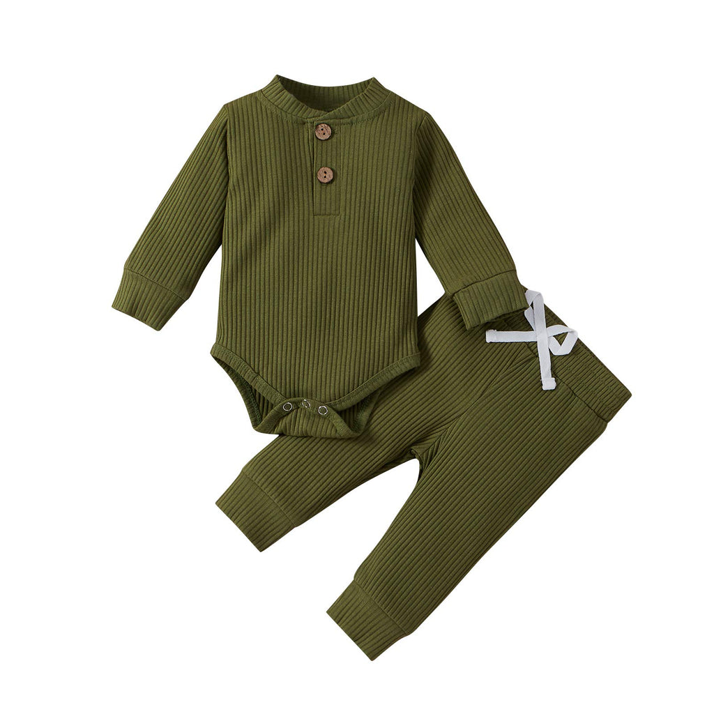 Newborn Baby Boy Girl Clothes Ribbed Knitted Cotton Long Sleeve Romper Long Pants Solid Color Fall Winter Outfits