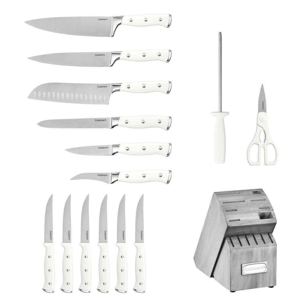 Cuisinart 15-Piece Knife Set with Block, High Carbon Stainless Steel, Forged Triple Rivet, White, C77WTR-15P