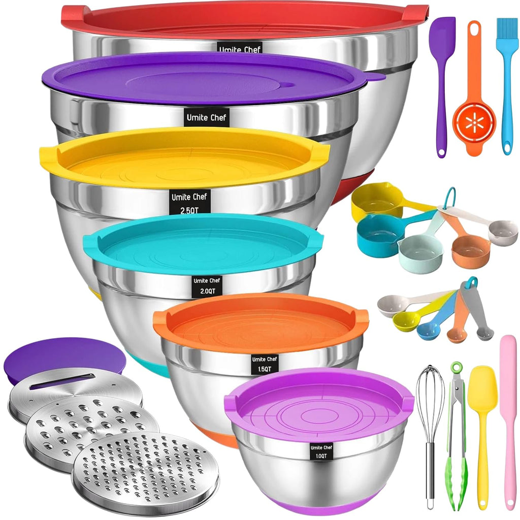 Mixing Bowls with Airtight Lids Set, 26PCS Stainless Steel Khaki Bowls with Grater Attachments, Non-Slip Bottoms & Kitchen Gadgets Set, Size 7, 4, 2.5, 2.0,1.5, 1QT, Great for Mixing & Serving