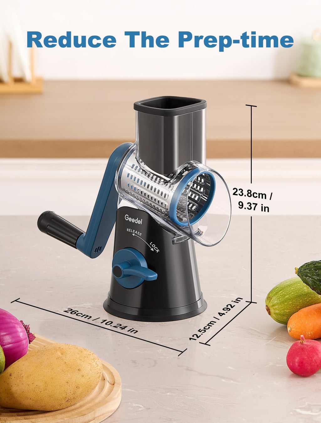 Geedel Rotary Cheese Grater, Kitchen Mandoline Vegetable Slicer with 3 Interchangeable Blades, Easy to Clean Grater for Fruit, Vegetables, Nuts