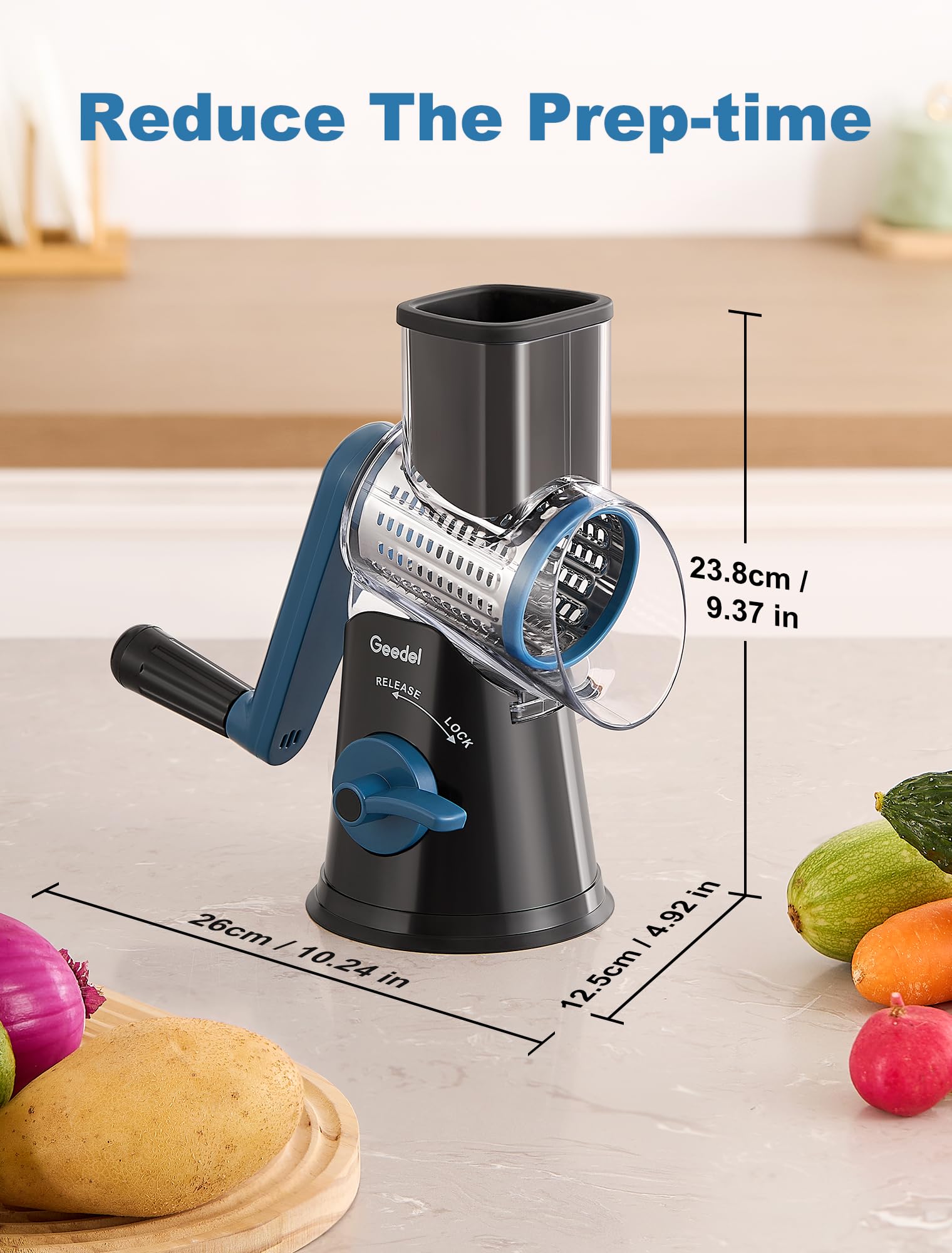 Geedel Rotary Cheese Grater, Kitchen Mandoline Vegetable Slicer with 3 Interchangeable Blades, Easy to Clean Grater for Fruit, Vegetables, Nuts