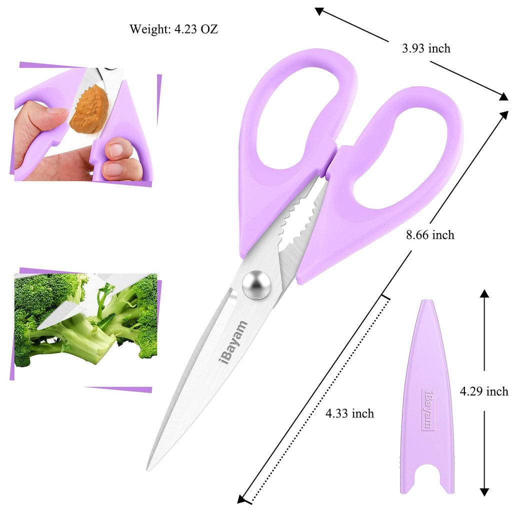 iBayam Kitchen Scissors All Purpose Heavy Duty 2 Pack with Protective Sheath, Stainless Steel Shears Kitchen Utensils Set for Cutting Food Cooking Meat Poultry Dishwasher Safe Soft Comfort-Grip