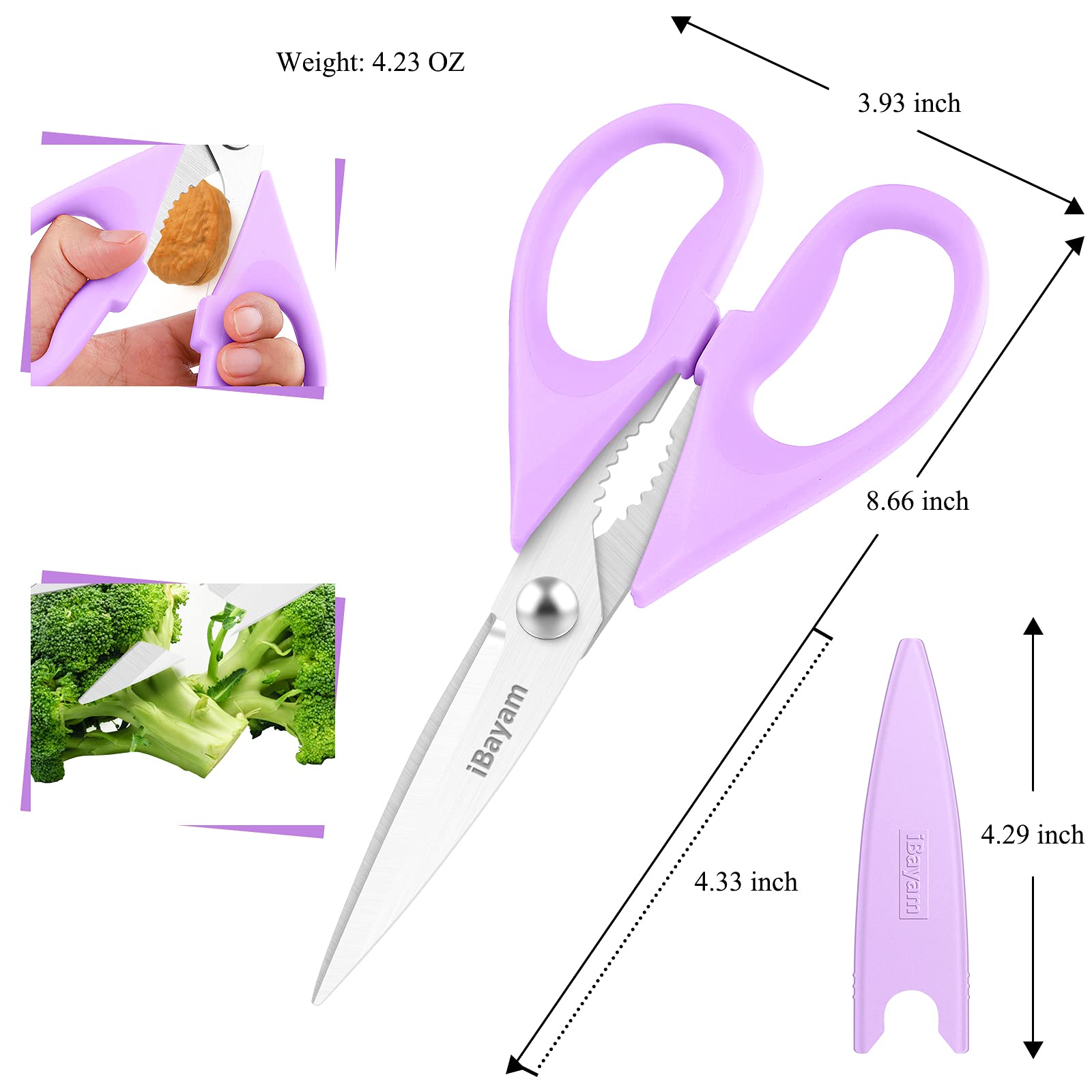 iBayam Kitchen Scissors All Purpose Heavy Duty 2 Pack with Protective Sheath, Stainless Steel Shears Kitchen Utensils Set for Cutting Food Cooking Meat Poultry Dishwasher Safe Soft Comfort-Grip