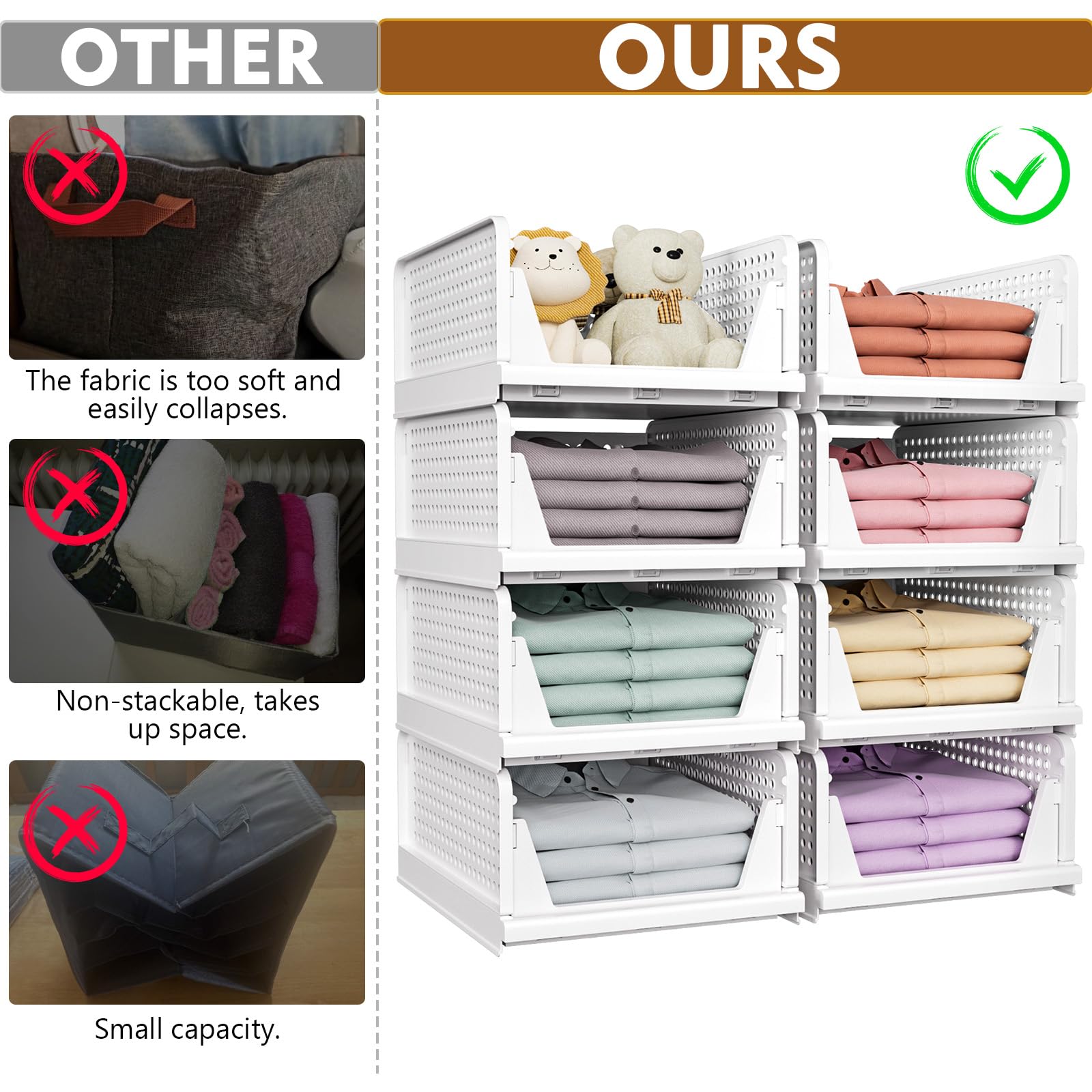 SNSLXH 5 Pack Stackable Closet Storage Basket, Multifunctional & Foldable Closet Organizer for Bathroom Kitchen Laundry Room Wardrobe Storage, Space-Saving Clothes Storage Drawer Organizer, White