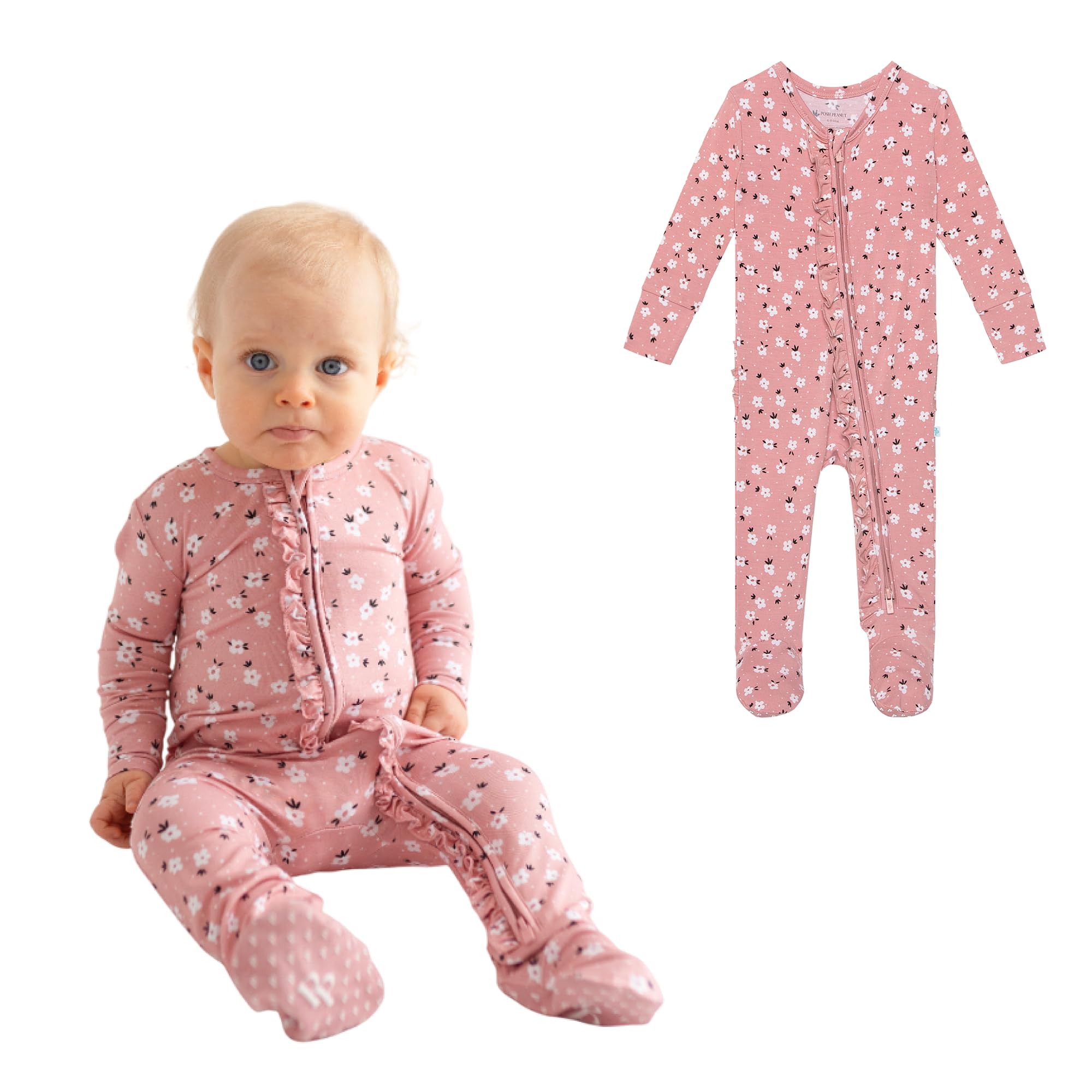 Posh Peanut Footie Pajamas for Baby Girls – Sleepers in Ultra-Soft Viscose from Bamboo with 2-Way Zipper & Ruffle Trim