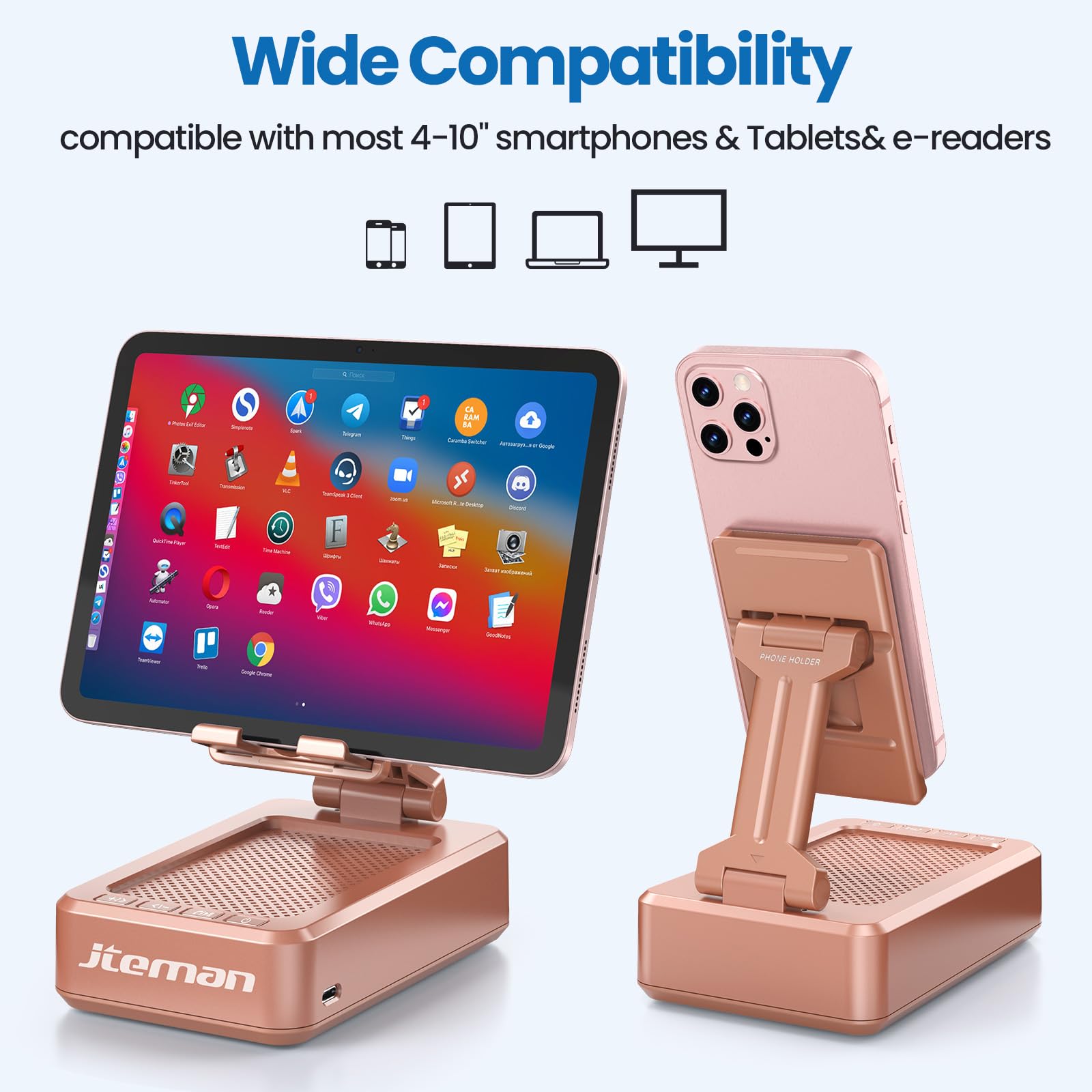JTEMAN Cell Phone Stand with Bluetooth Speaker, HD Stereo Sound & Anti-Slip Base, Foldable Adjustable Desktop Phone Holder for Home Office, Cool Tech Gadgets Birthday Gifts for Men Women (Black)
