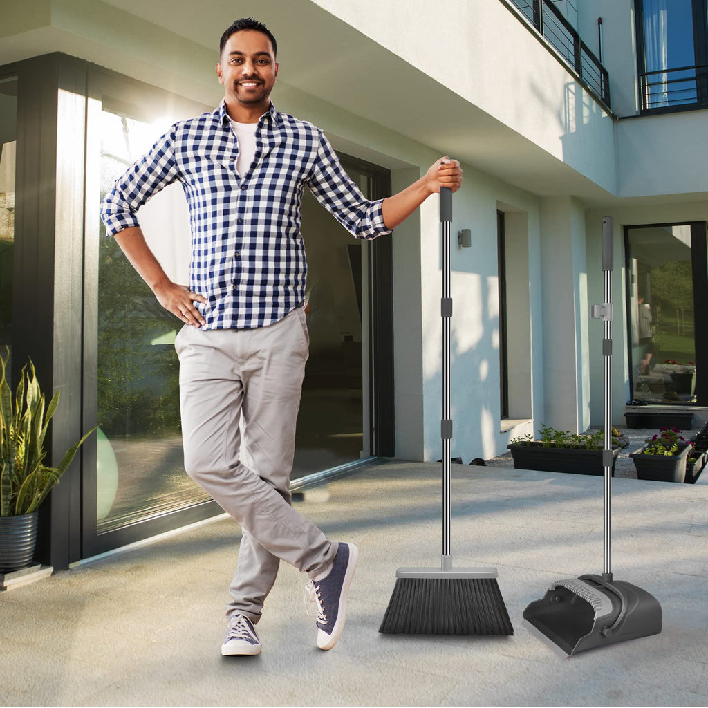 Upgrade Broom and Dustpan Set, Self-Cleaning with Dustpan Teeth, Indoor&Outdoor Sweeping, Ideal for Dog Cat Pets Home Use, Stand Up Broom and Dustpan (Gray&Orange)