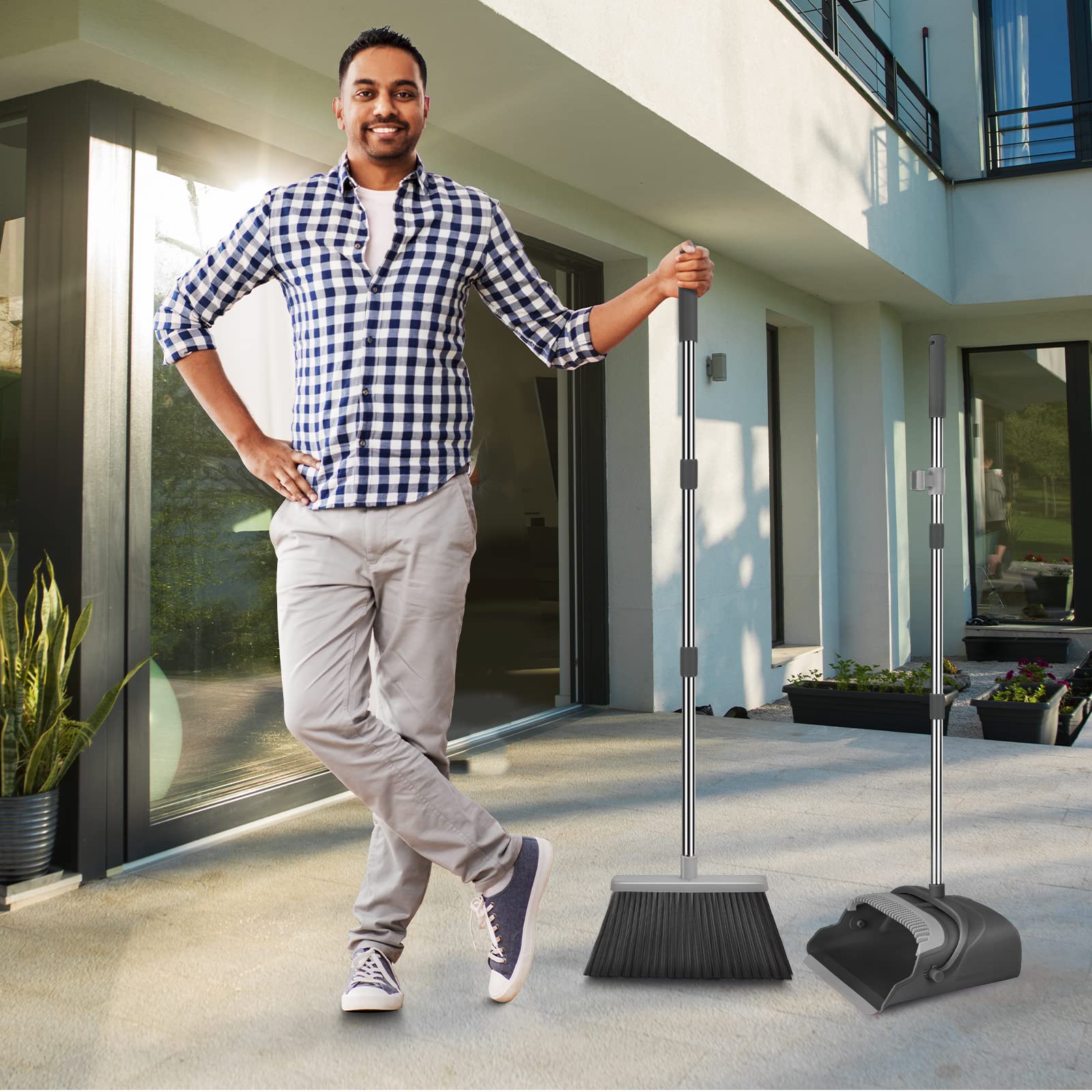 Upgrade Broom and Dustpan Set, Self-Cleaning with Dustpan Teeth, Indoor&Outdoor Sweeping, Ideal for Dog Cat Pets Home Use, Stand Up Broom and Dustpan (Gray&Orange)