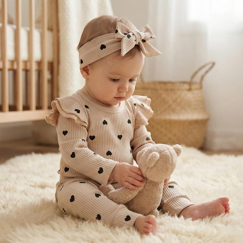 Fullfamous Baby Girl's 3pc Rib Frill Long Sleeve Romper and Pant Set