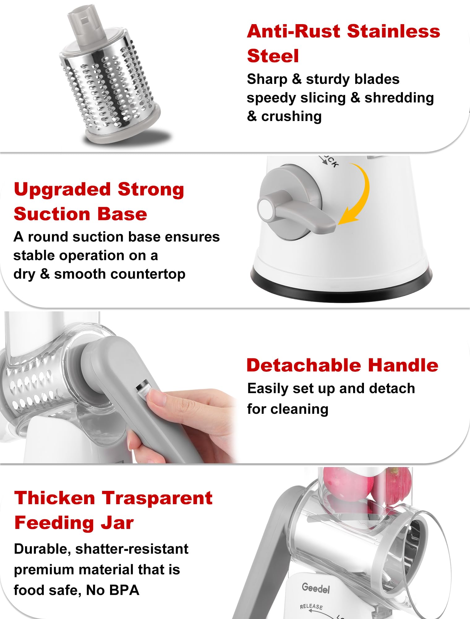 Geedel Rotary Cheese Grater, Kitchen Mandoline Vegetable Slicer with 3 Interchangeable Blades, Easy to Clean Grater for Fruit, Vegetables, Nuts