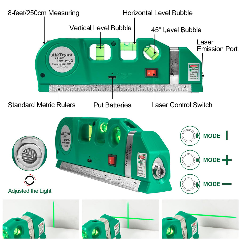 Laser Level Line Tool, Multipurpose Laser Level Kit Standard Cross Line Laser leveler Beam Tool with Metric Rulers 8ft/2.5M for Picture Hanging cabinets Tile Walls by AikTryee.