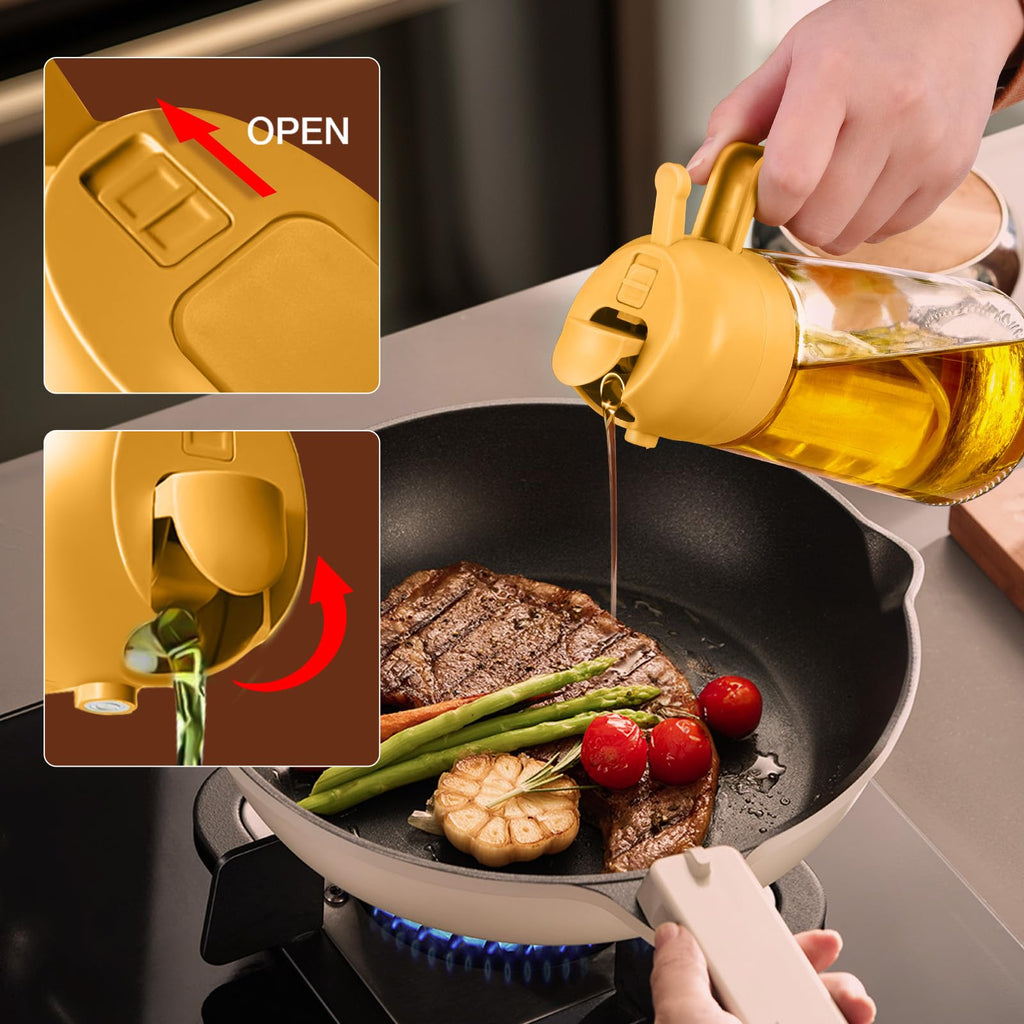 YARRAMATE 16oz/470ml Glass Olive Oil Sprayer for Cooking with Stickers, 2 in 1 Oil Dispenser for Kitchen Gadgets, Food Grade Premium Spray Bottle with Portion Control for Salad, Frying, BBQ (Black)