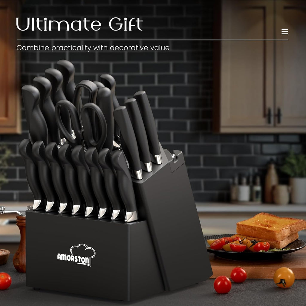 Knife Set, Amorston 21 Pieces Kitchen Knife Set with Block and Sharpener, Ultra-Sharp Knives Set with Ergonomic Handles, Black German Stainless Steel Knife Block Set, Dishwasher Safe