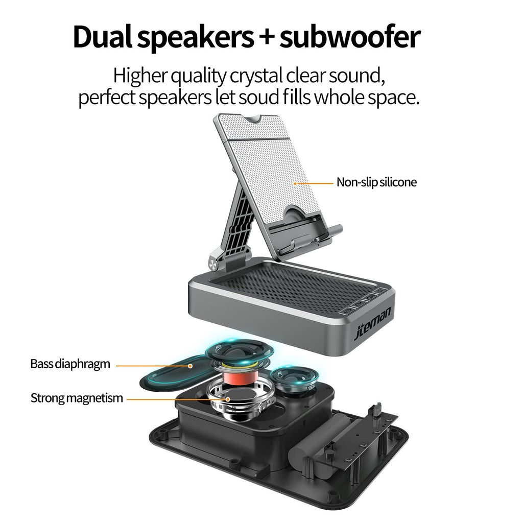 JTEMAN Cell Phone Stand with Bluetooth Speaker, HD Stereo Sound & Anti-Slip Base, Foldable Adjustable Desktop Phone Holder for Home Office, Cool Tech Gadgets Birthday Gifts for Men Women (Black)