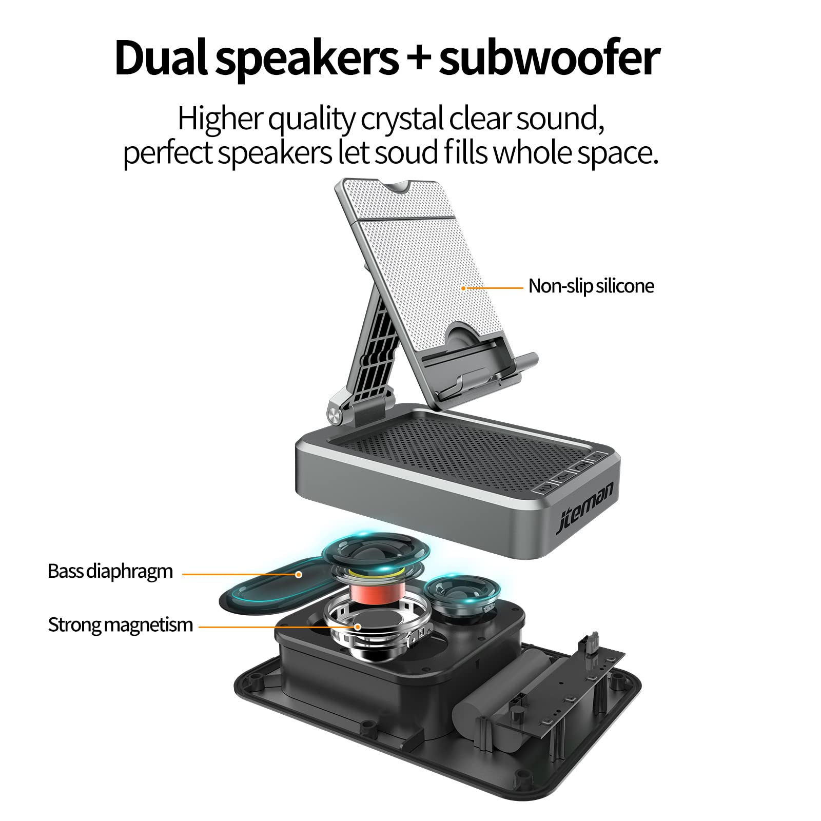 JTEMAN Cell Phone Stand with Bluetooth Speaker, HD Stereo Sound & Anti-Slip Base, Foldable Adjustable Desktop Phone Holder for Home Office, Cool Tech Gadgets Birthday Gifts for Men Women (Black)