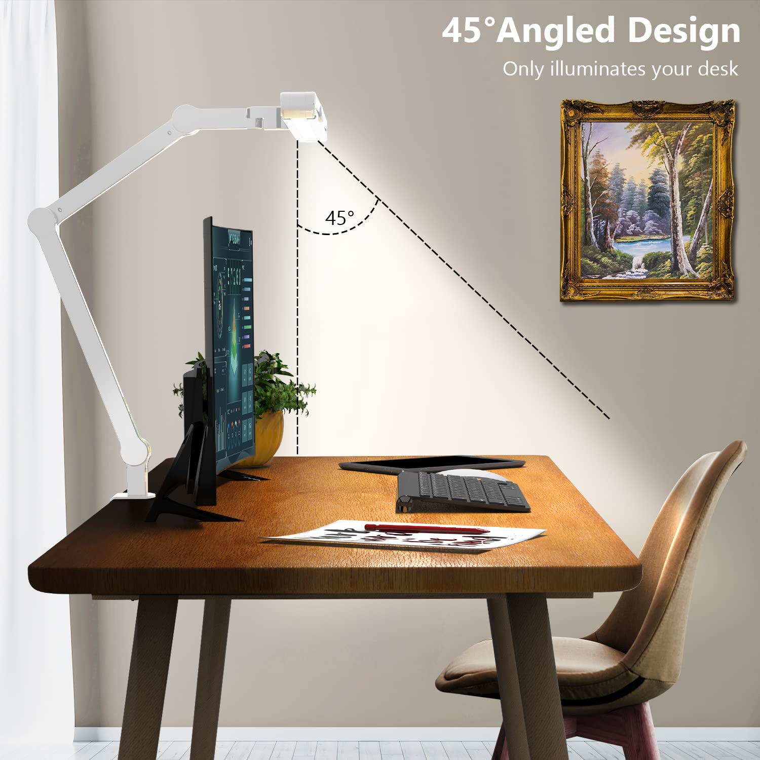 Micomlan Led Desk Lamp with Clamp, Architect Desk Lamp for Home Office with Atmosphere Lighting, 24W Ultra Bright Auto Dimming Computer Light Stepless Dimming and Tempering LED Table Light