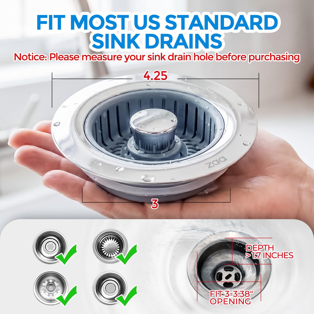 Sink Drain Strainer - Sink Stopper Kitchen Drain, 3 in 1 Kitchen Sink Drain Strainer with Anti-Clogging Basket, Kitchen Gadgets Clearance Sink Accessories, Fit US Standard 3-1/2'' Sink Hole, Silver