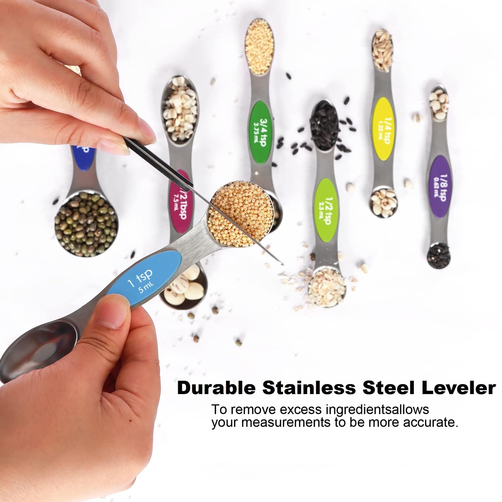 Magnetic Measuring Spoons Set Stainless Steel with Leveler, Stackable Metal Tablespoon Measure Spoon for Baking, Cups and Spoon Set Kitchen Gadgets Apartment Essentials Fits in Spice Jars