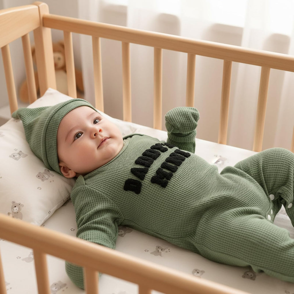 GRNSHTS Newborn Baby Boy Romper Coming Home Outfits Letter Print Bodysuit Jumpsuit+Hat+Gloves 3PCS Clothes Set
