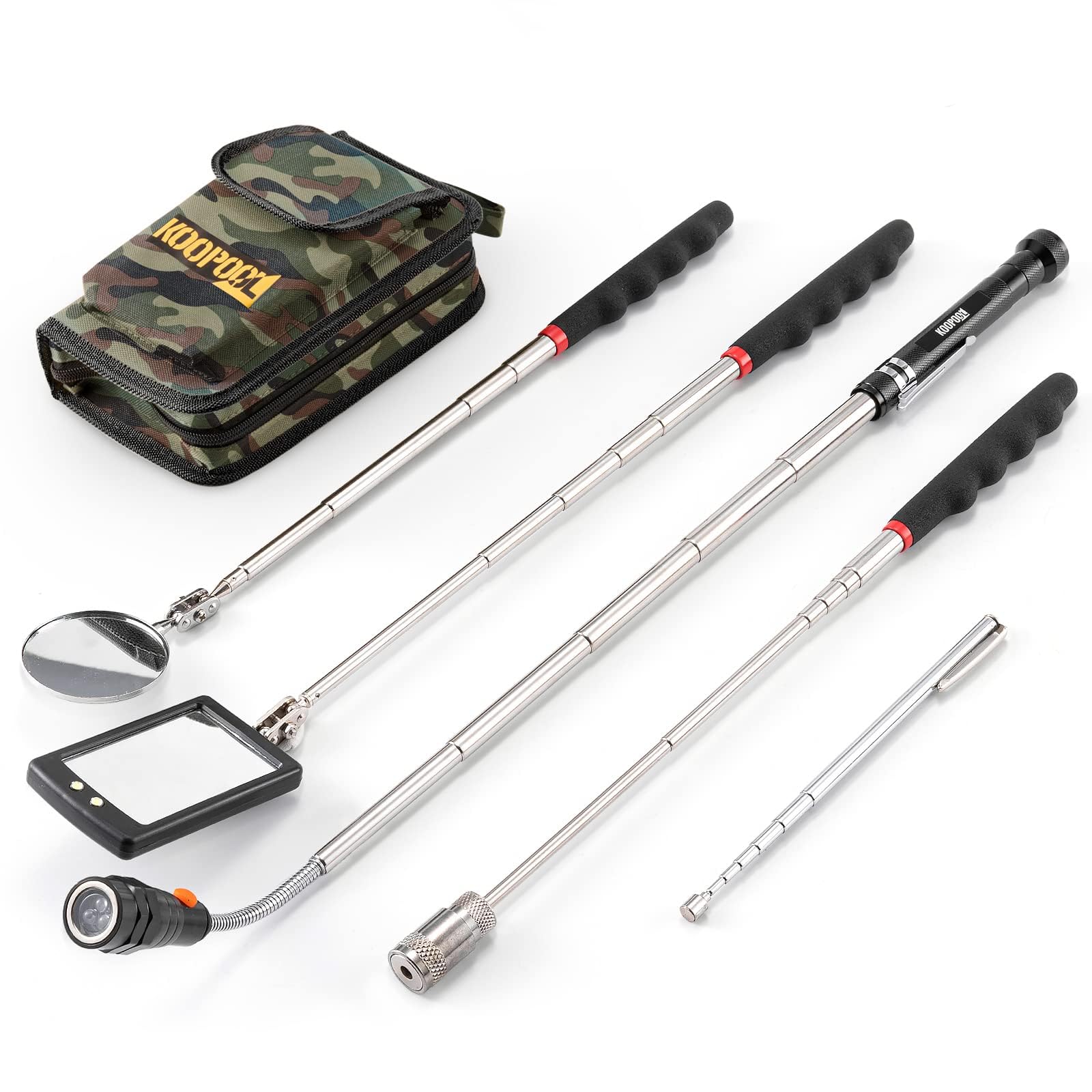 Telescoping Magnetic Pickup Tool Set, Inspection Mirror Telescoping, LED Flashlight, Cool Gadgets for Men, Stocking Stuffers, Gifts for Dad, Husband, Kids, Boyfriend, Magnet Stick (Red)