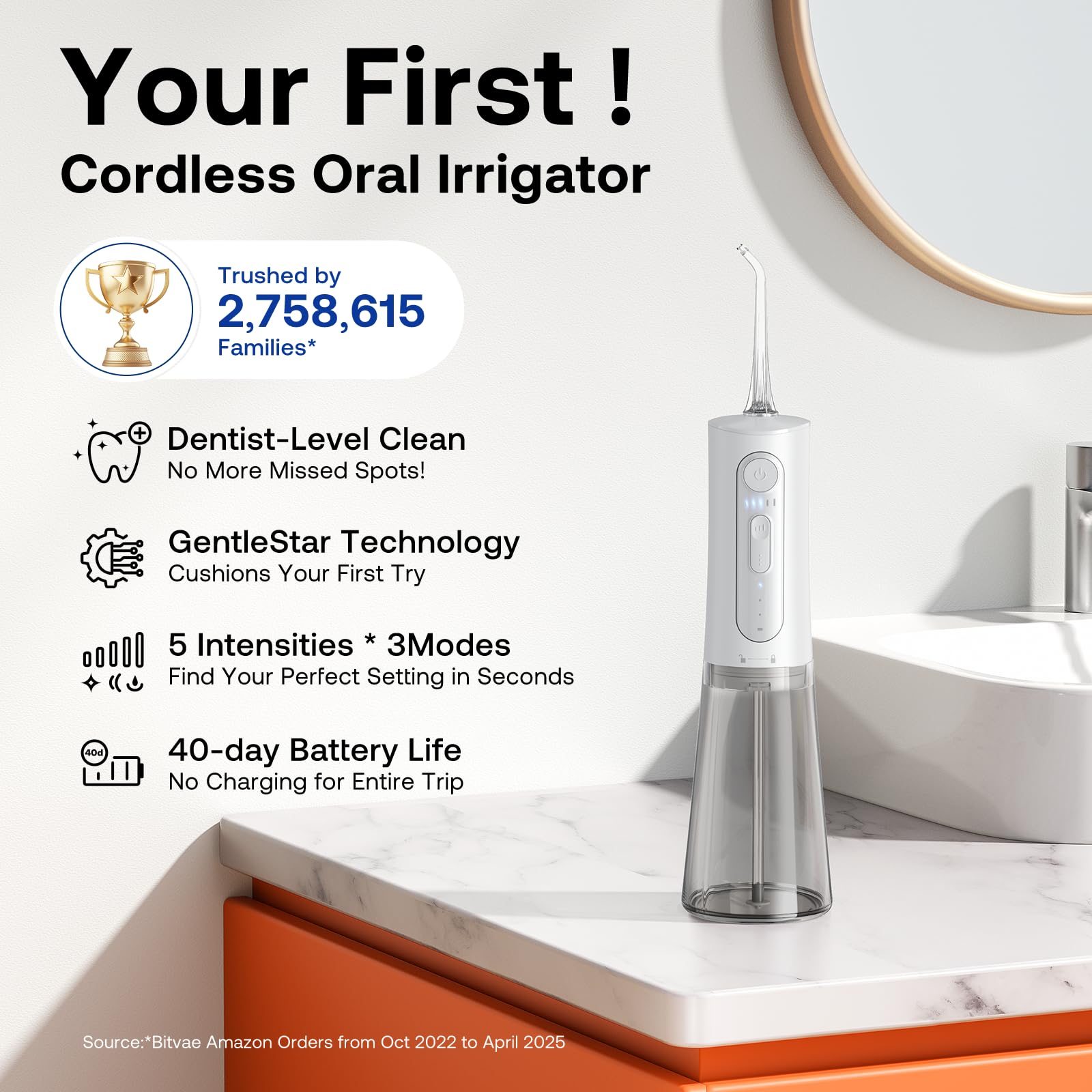Bitvae Water Dental Flosser for Teeth, Cordless Water Teeth Cleaner Picks, 3 Modes 5 Intensities, IPX7 Waterproof, Rechargeable Water Dental Picks for Cleaning - Black