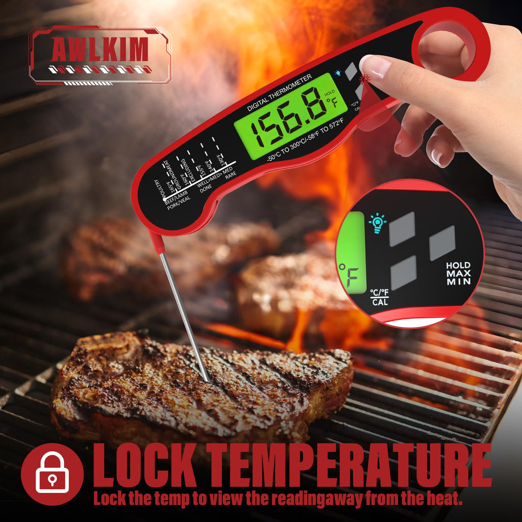 AWLKIM Meat Thermometer Digital - Instant Read Waterproof Food Thermometer with Backlight for Cooking, Grill, Candy, Kitchen & Stocking Stuffers for Men - Red