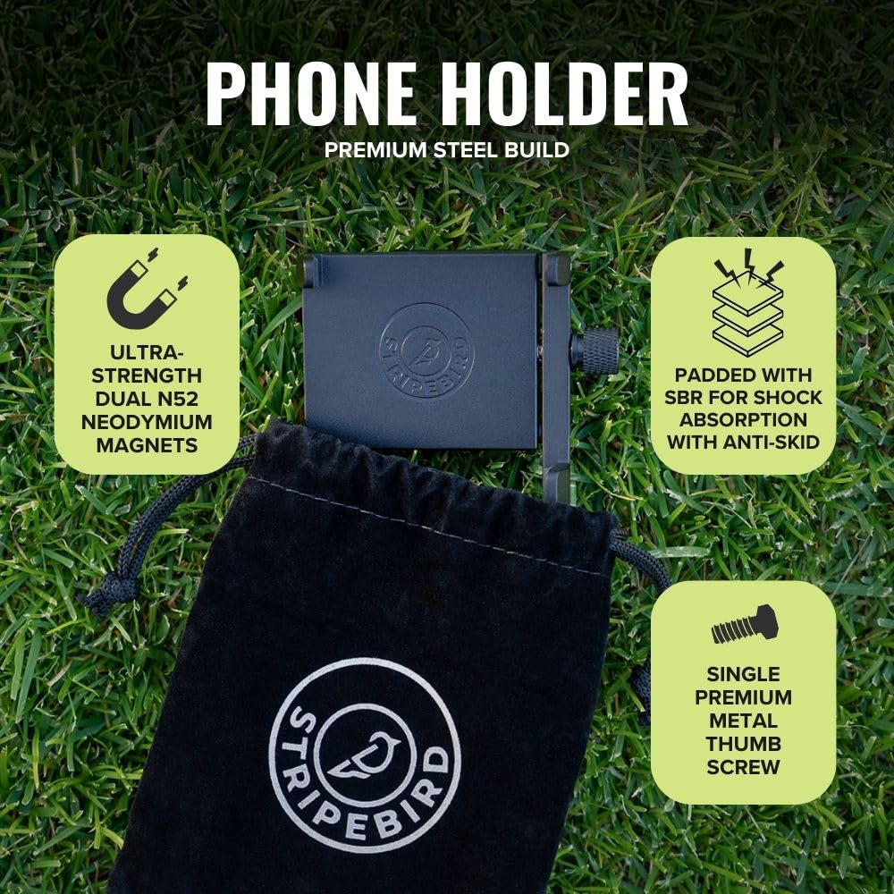 Stripebird - Magnetic Golf Cart Phone Holder - US Patented, Neodymium N52 Magnets - Golf Cart Phone Mount for iPhone & Samsung - Slim Golf Caddy Accessories for Men & Women