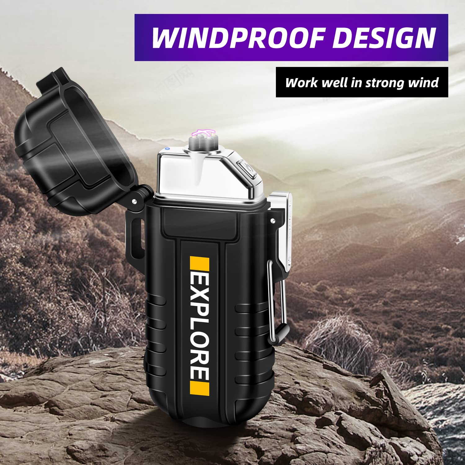 LcFun Electric Dual Arc Lighter USB Rechargeable Outdoor Windproof Flameless Plasma Lighters for Camping, Hiking, Waterproof Matches Survival Tactical Gear Birthday Gifts for Men