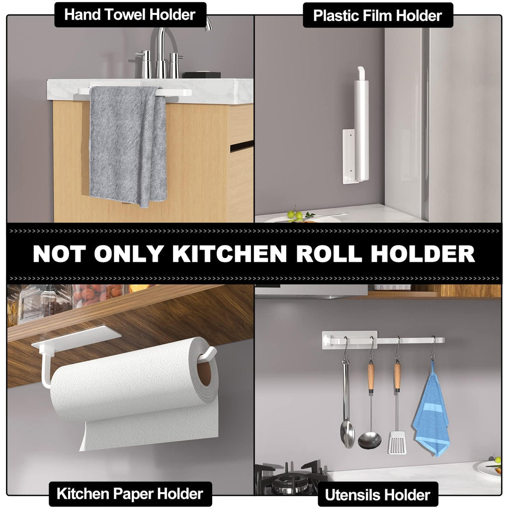 Paper Towel Holder - Self-Adhesive or Drilling, White, Upgraded Aluminum Kitchen Roll Dispenser Under Cabinet, Lighter but Stronger Than Stainless Steel!