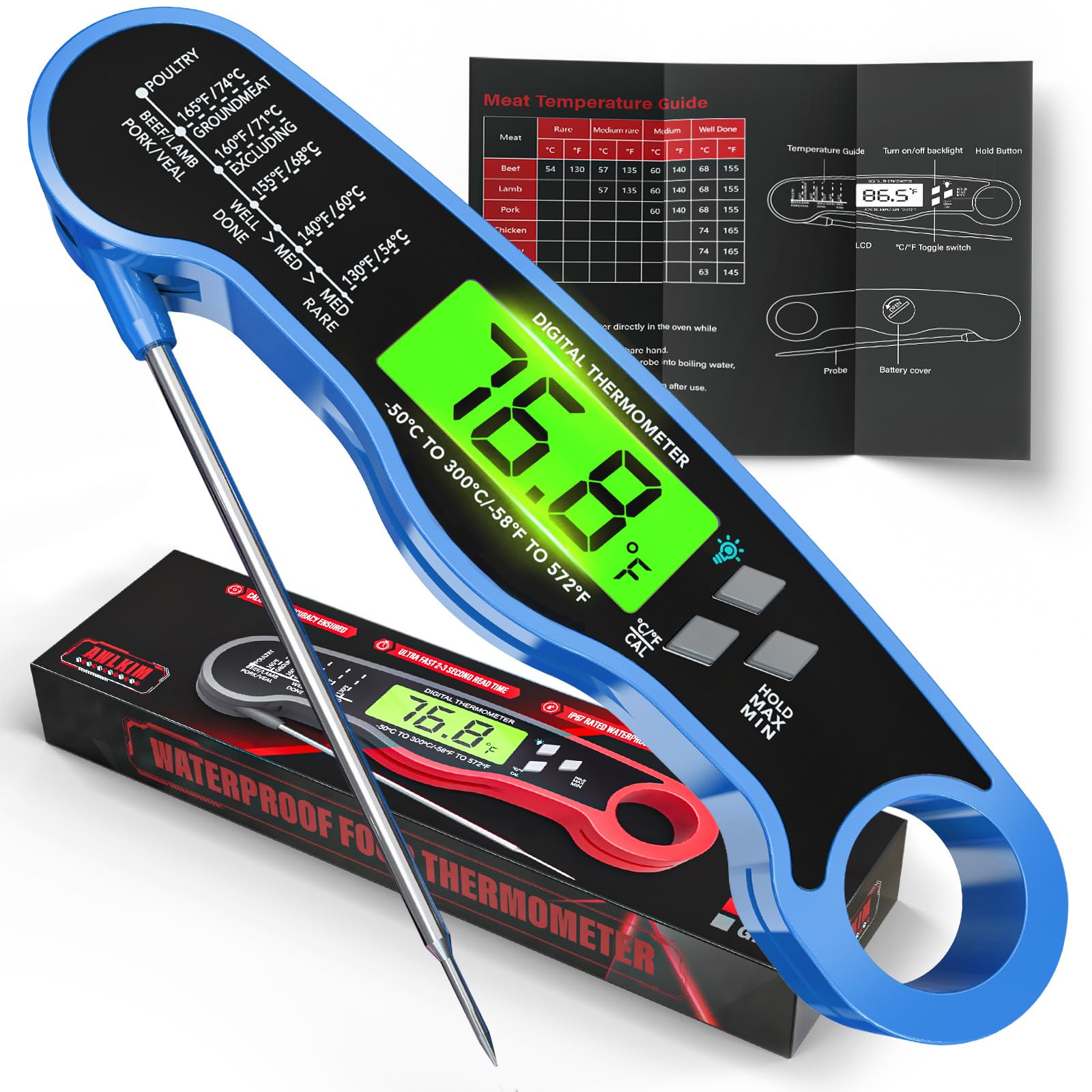 AWLKIM Meat Thermometer Digital - Instant Read Waterproof Food Thermometer with Backlight for Cooking, Grill, Candy, Kitchen & Stocking Stuffers for Men - Red