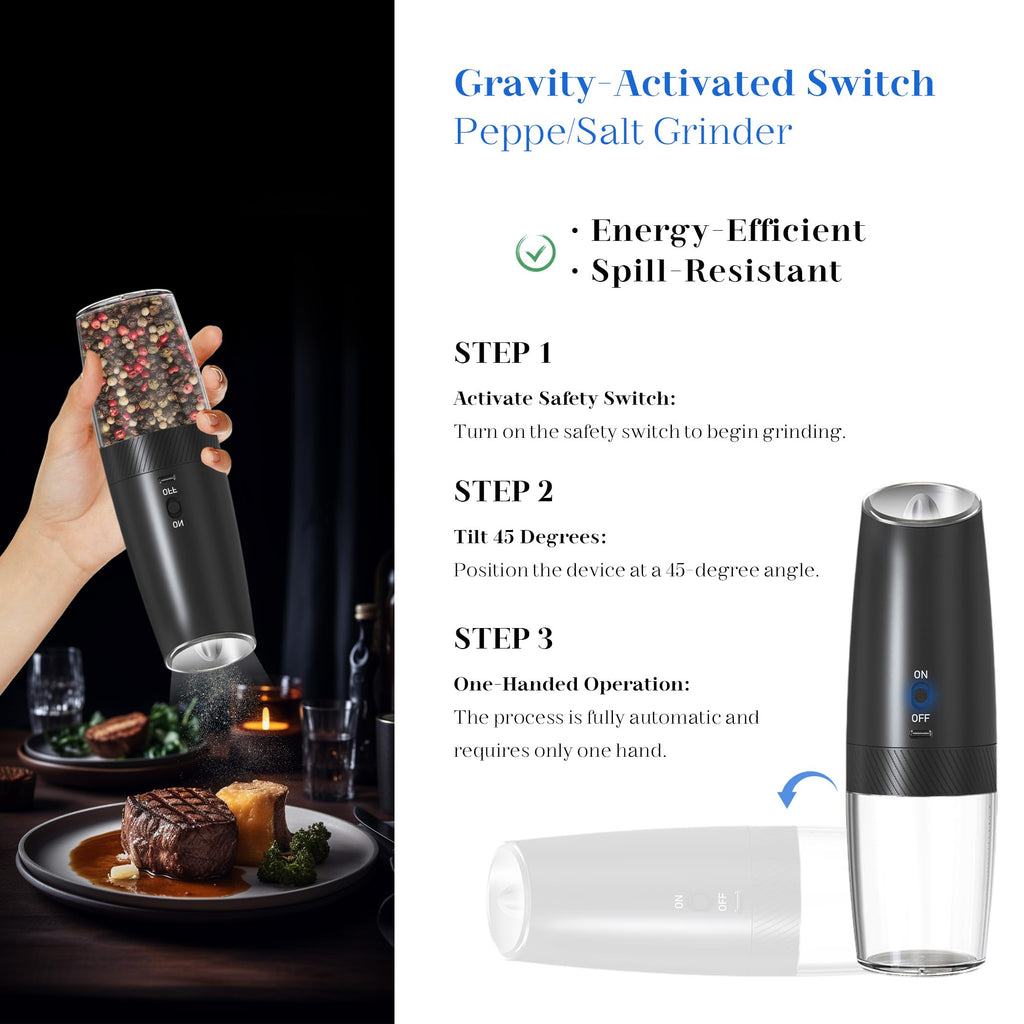 UNNEES Gravity Electric Salt and Pepper Grinder set of 2, Automatic Salt And Pepper Grinder Set, Adjustable Roughness, Battery Powered, LED Light, 2 Pack, (Black)