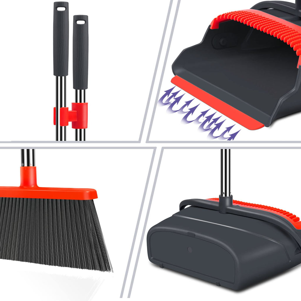 Upgrade Broom and Dustpan Set, Self-Cleaning with Dustpan Teeth, Indoor&Outdoor Sweeping, Ideal for Dog Cat Pets Home Use, Stand Up Broom and Dustpan (Gray&Orange)