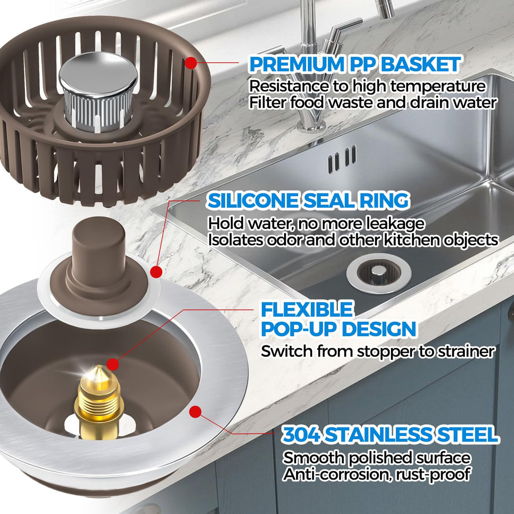 Sink Drain Strainer - Sink Stopper Kitchen Drain, 3 in 1 Kitchen Sink Drain Strainer with Anti-Clogging Basket, Kitchen Gadgets Clearance Sink Accessories, Fit US Standard 3-1/2'' Sink Hole, Silver