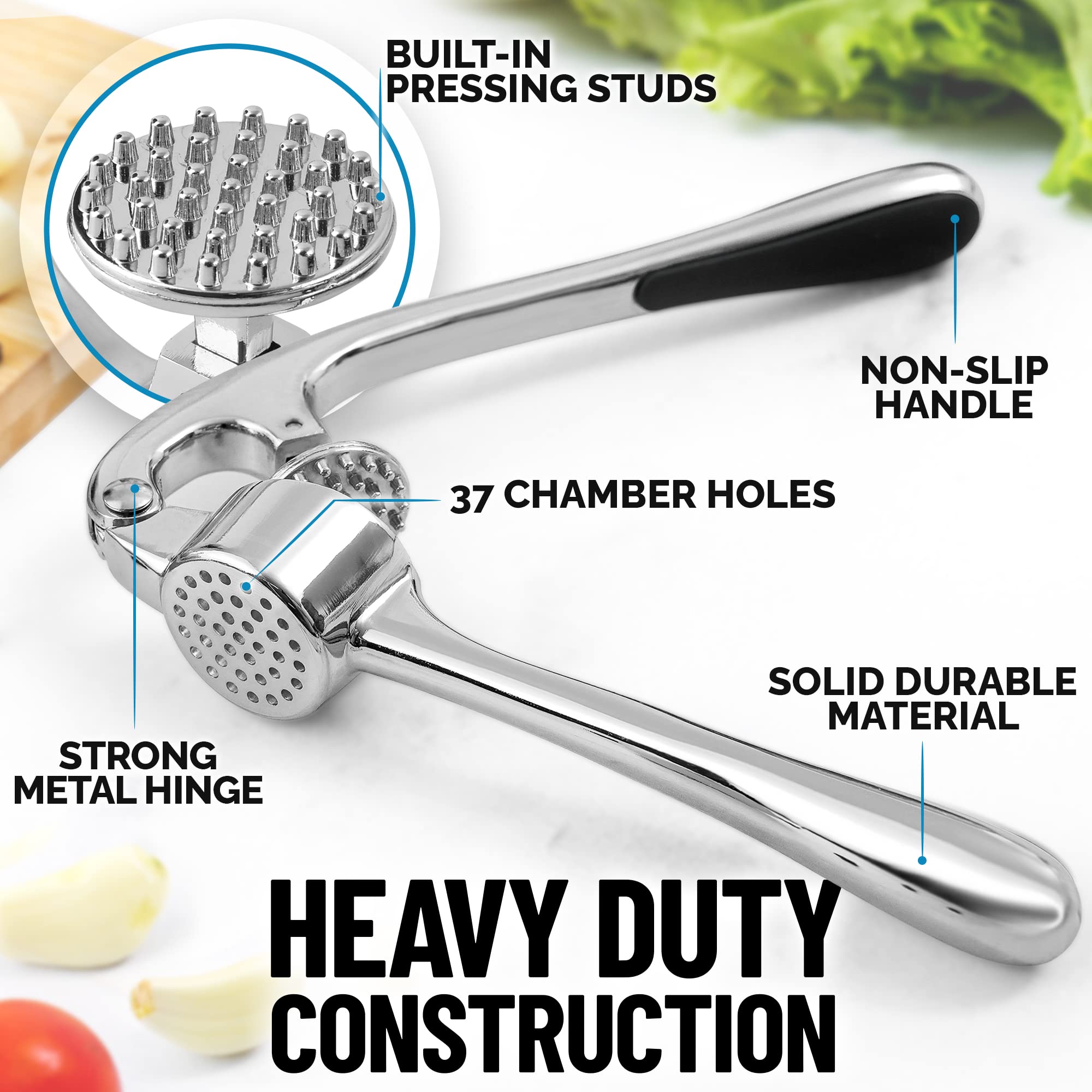 Zulay Kitchen Premium Garlic Press Set - Rust Proof Professional Garlic Mincer Tool - Easy-Squeeze, Easy-Clean with Soft, Ergonomic Handle - Silicone Garlic Peeler & Brush (Silver)