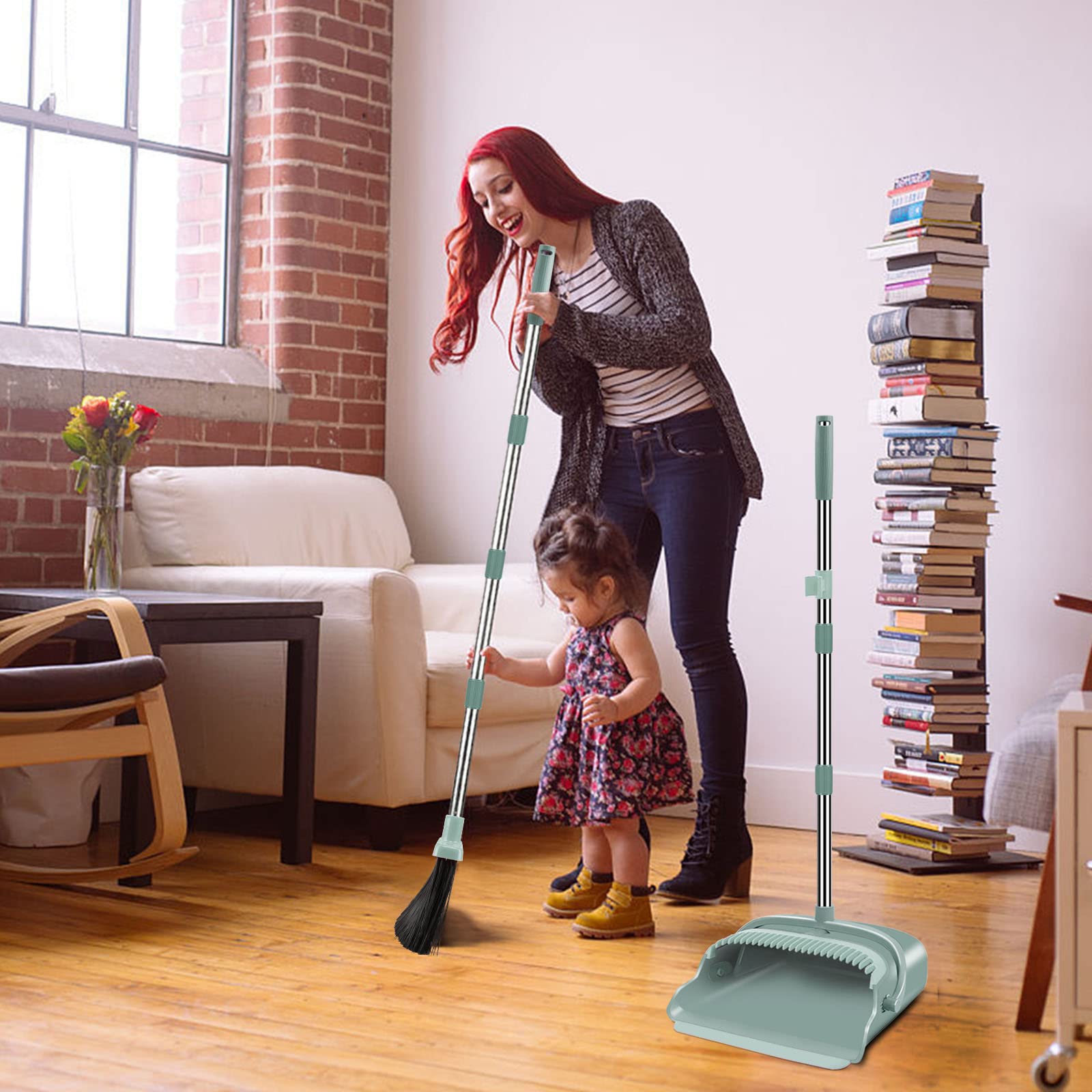 Upgrade Broom and Dustpan Set, Self-Cleaning with Dustpan Teeth, Indoor&Outdoor Sweeping, Ideal for Dog Cat Pets Home Use, Stand Up Broom and Dustpan (Gray&Orange)