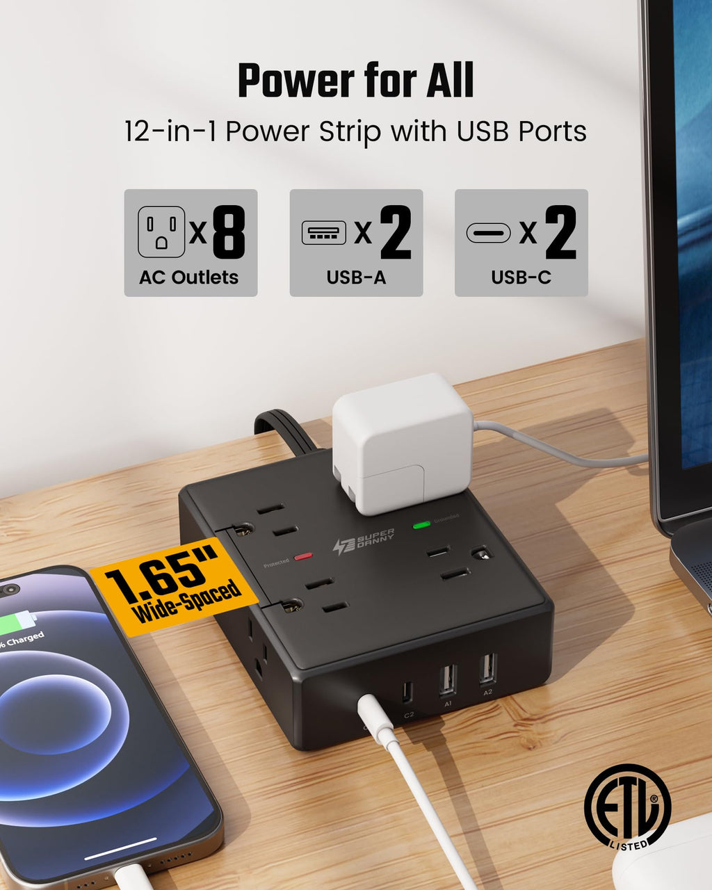10Ft Extension Cord with Multiple Outlets, Flat Plug Surge Protector Power Strip 10 Ft Long Cord, 8 Outlets & 4 USB Ports (2 USB C), Desk Charging Station for Home Office, College Dorm Room Essentials