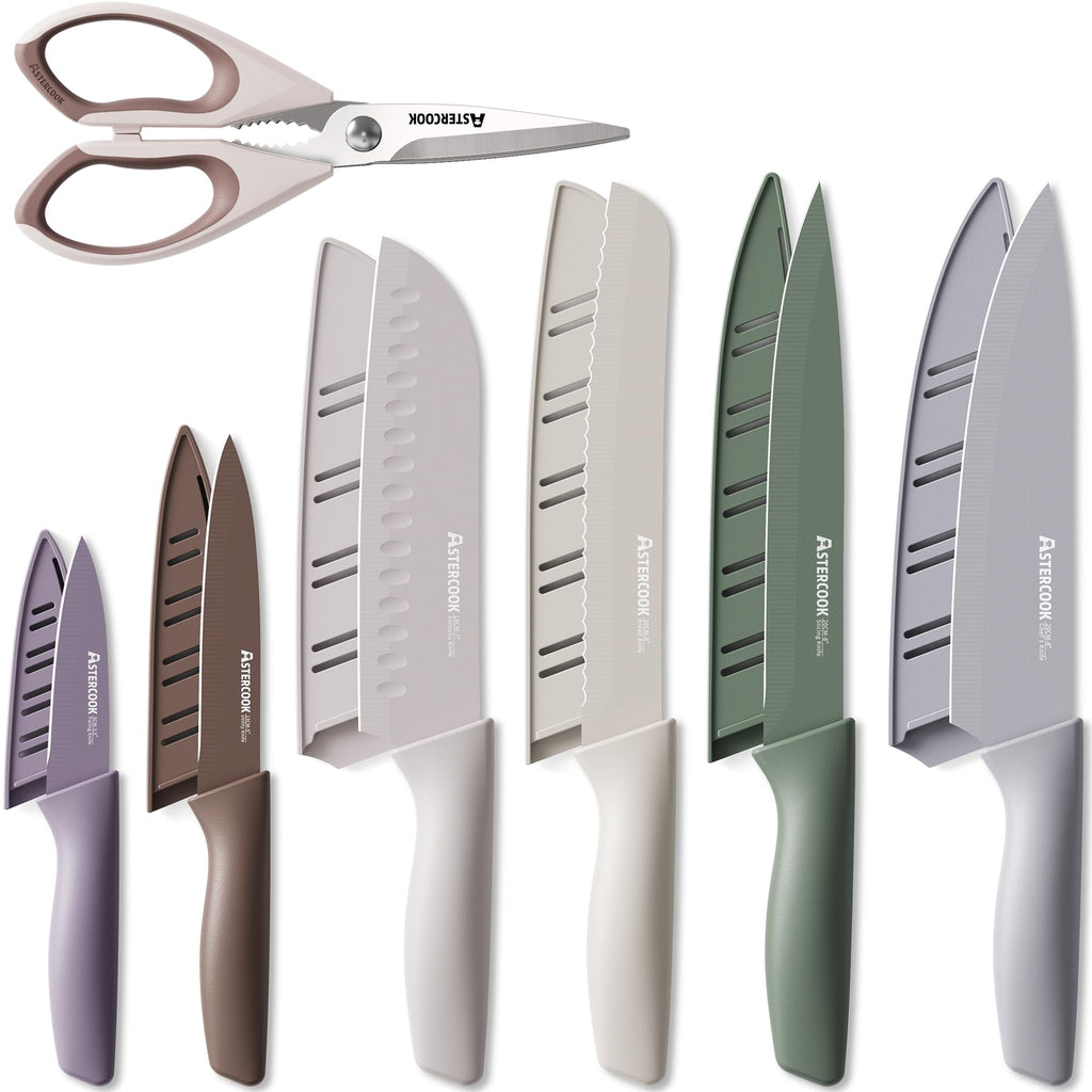 Astercook Knife Set, 13 Pieces Kitchen Knives Set with Healthy Anti-Rust Coating, Dishwasher Safe, Stainless Steel Chef Knife Sets with 6 Blade Guards, Perfect Holiday Gifts for Kitchen