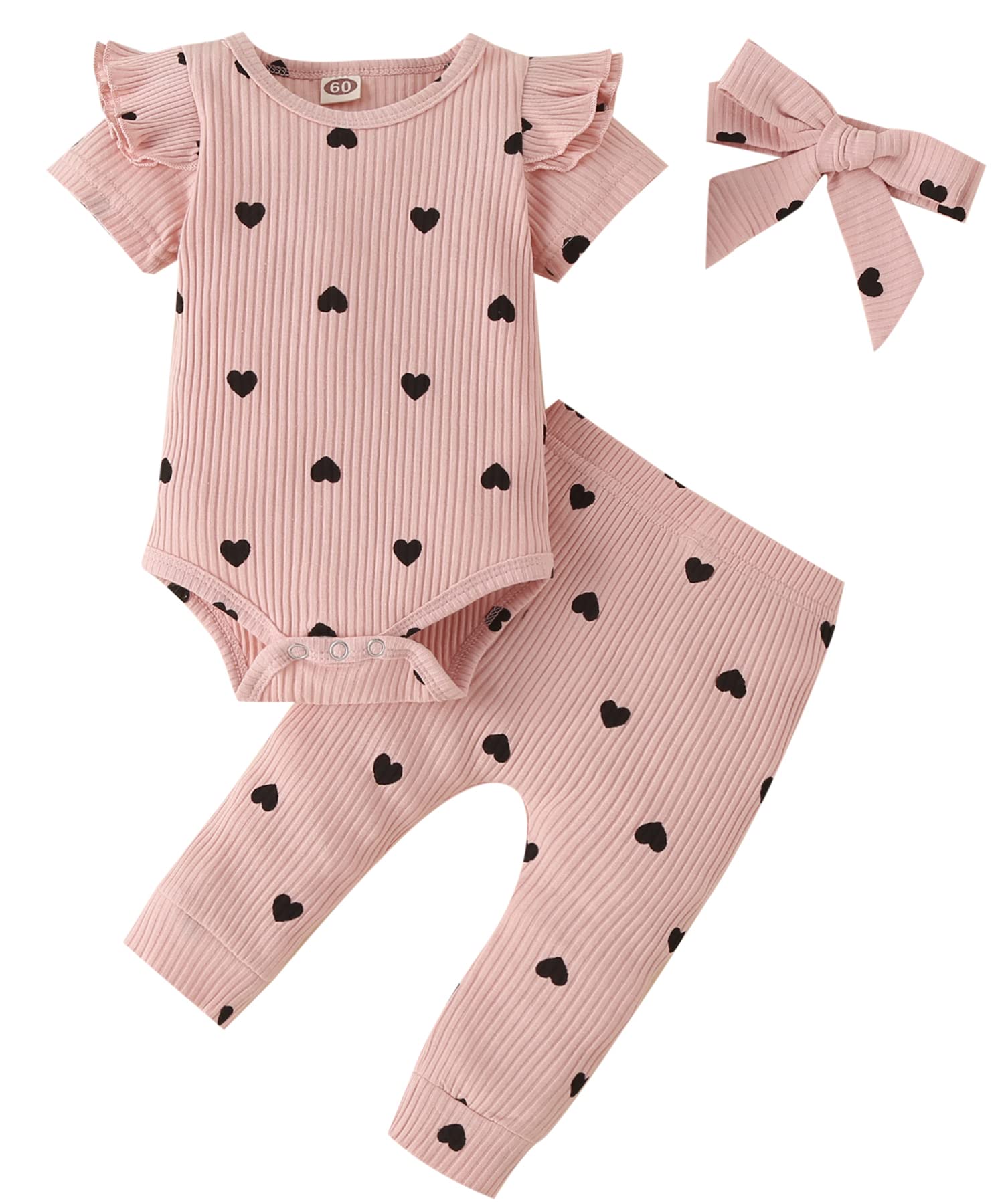 Fullfamous Baby Girl's 3pc Rib Frill Long Sleeve Romper and Pant Set
