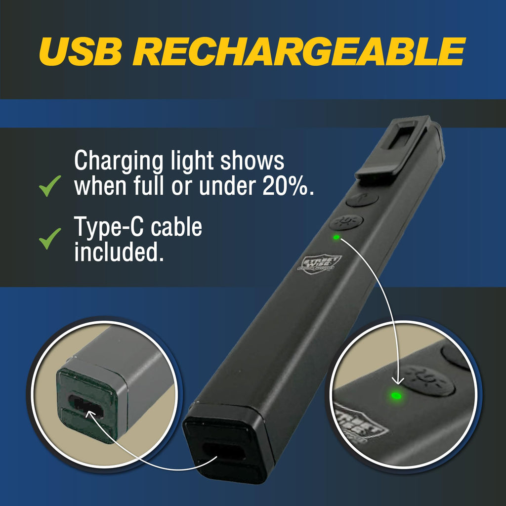 Streetwise Pain Pen 25,000,000 Volts Stun Gun for Self Protection - Tactical Stun Pen for Women and Men, USB Rechargeable, Battery Indicator, Durable Clip, Compact and Concealable for Protection