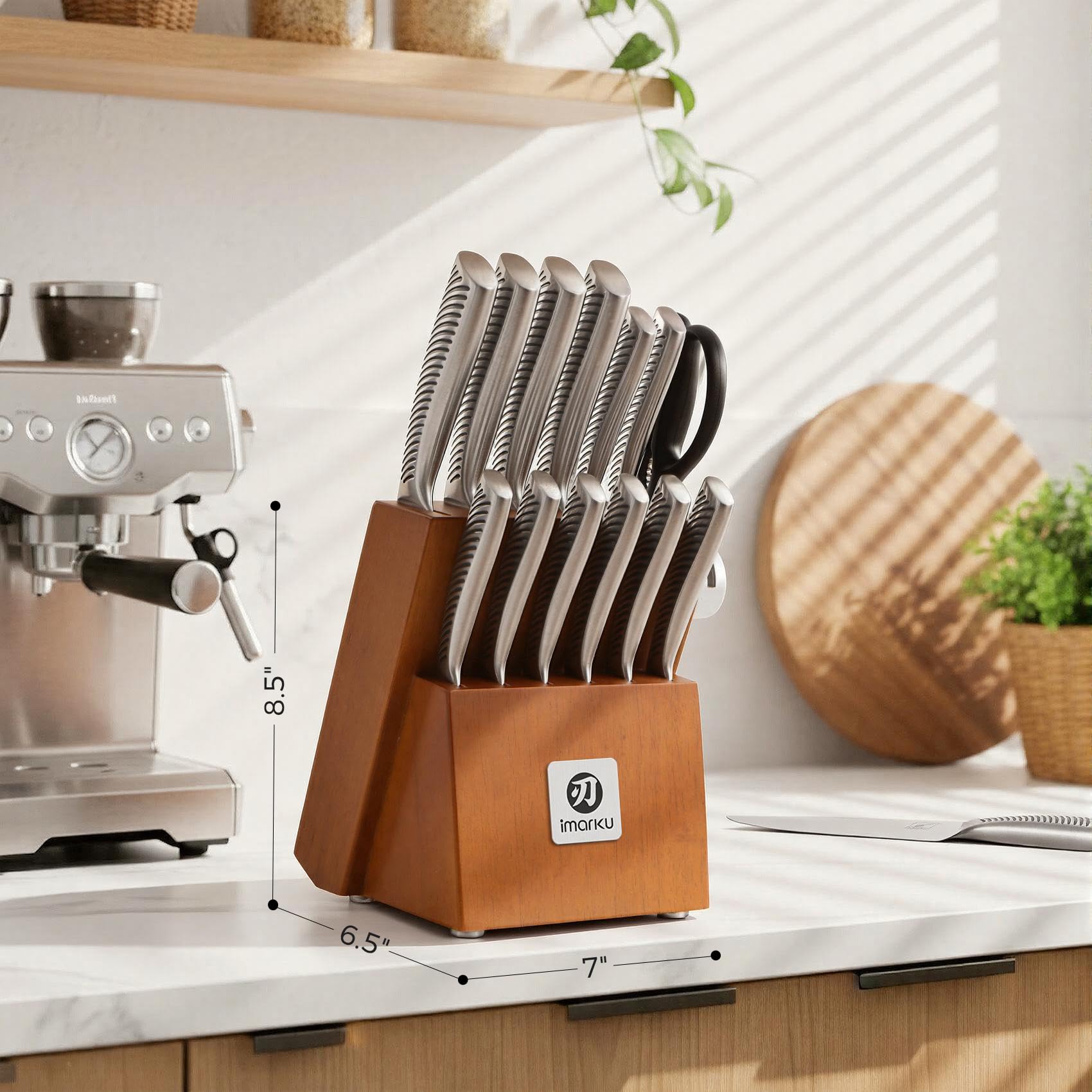 imarku 14-Piece Knife Set, Japanese Stainless Steel Knives Set for Kitchen, Full-Tang Gyutou Knife Sets with Block and Build-in Sharpener, Brown, Dishwasher Safe, House Warming Gifts for Mom