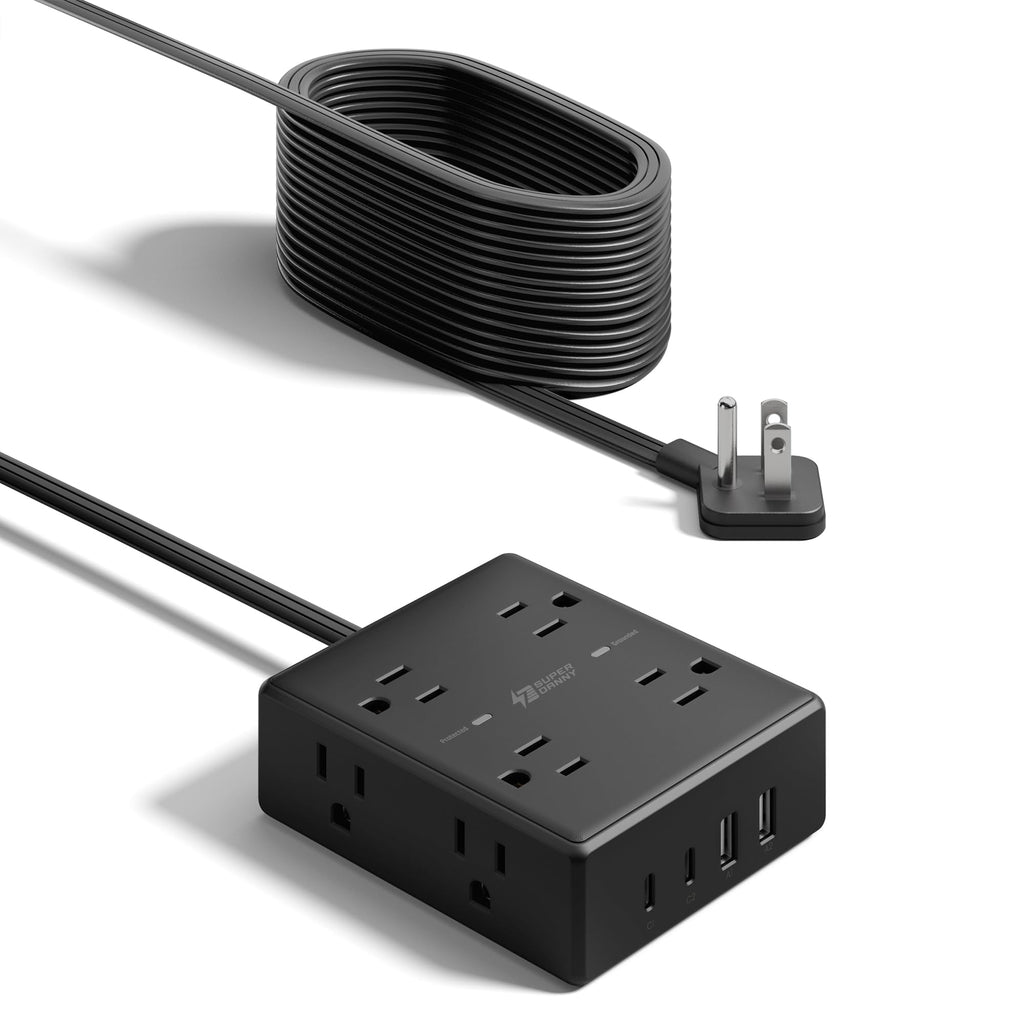 10Ft Extension Cord with Multiple Outlets, Flat Plug Surge Protector Power Strip 10 Ft Long Cord, 8 Outlets & 4 USB Ports (2 USB C), Desk Charging Station for Home Office, College Dorm Room Essentials